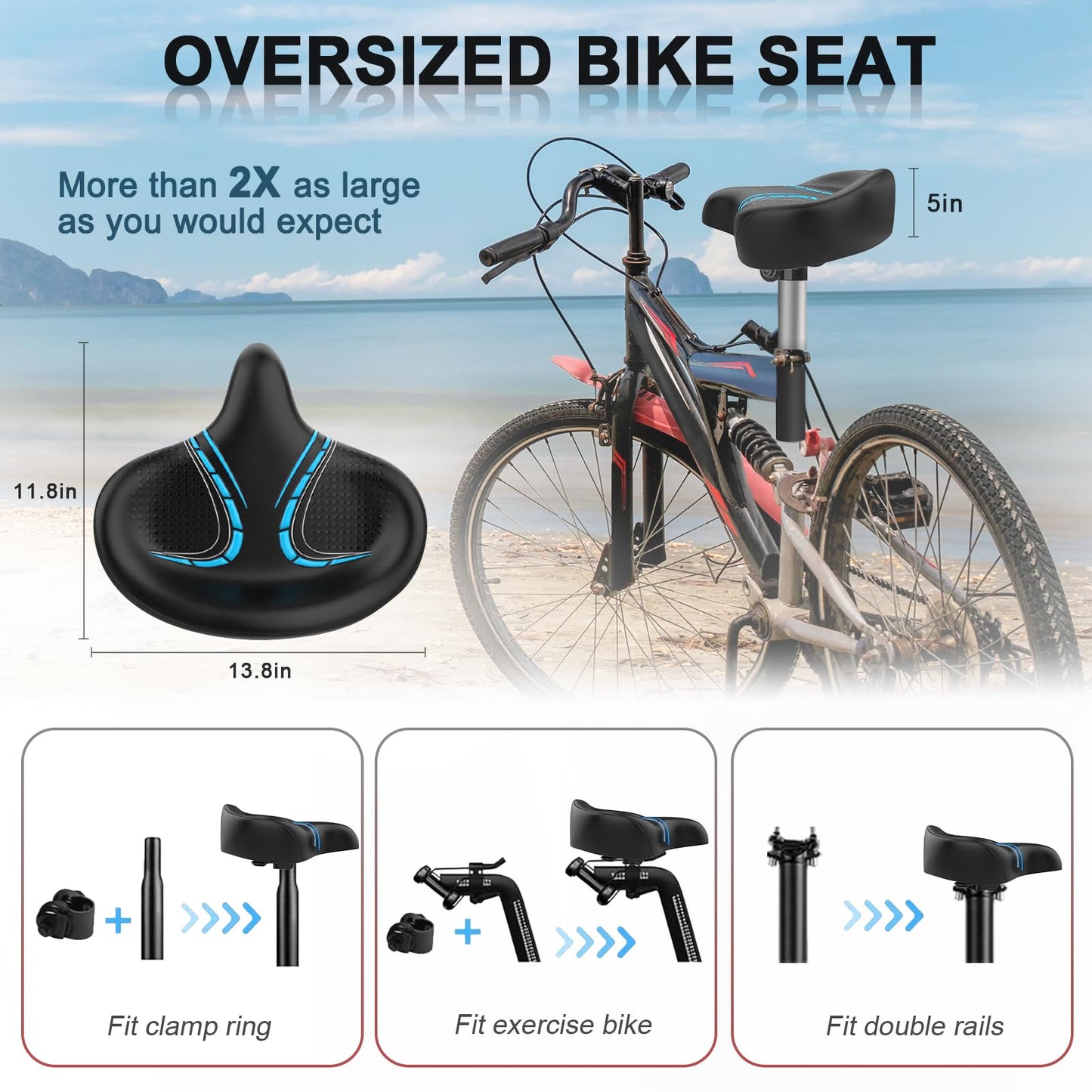 BLUEWIND Oversized Bike Seat, Wide Bicycle Saddle Novel Backrest Design for Electric Bike, Universal Fit Exercise Bike or Road Stationary Bike Seat Cushion for Men & Women
