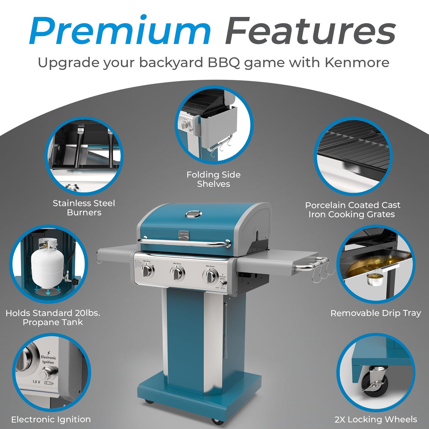 Kenmore 3-Burner Propane BBQ Grill, 30,000 BTUs Gas Grill with Cast Iron Cooking Grates, Folding Side Tables & Wheels, Outdoor Grill with Tool Hooks, Azure Blue