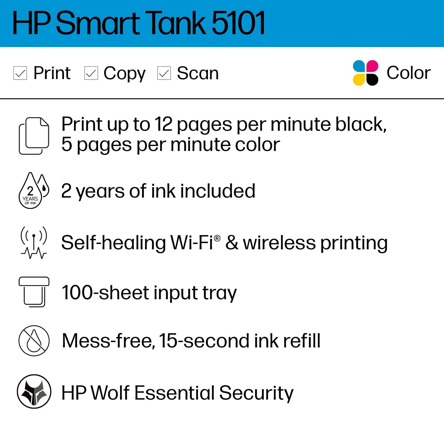 HP Smart Tank 5101 Wireless All-in-One Ink Tank Printer with up to 2 years of ink included (1F3Y0A)