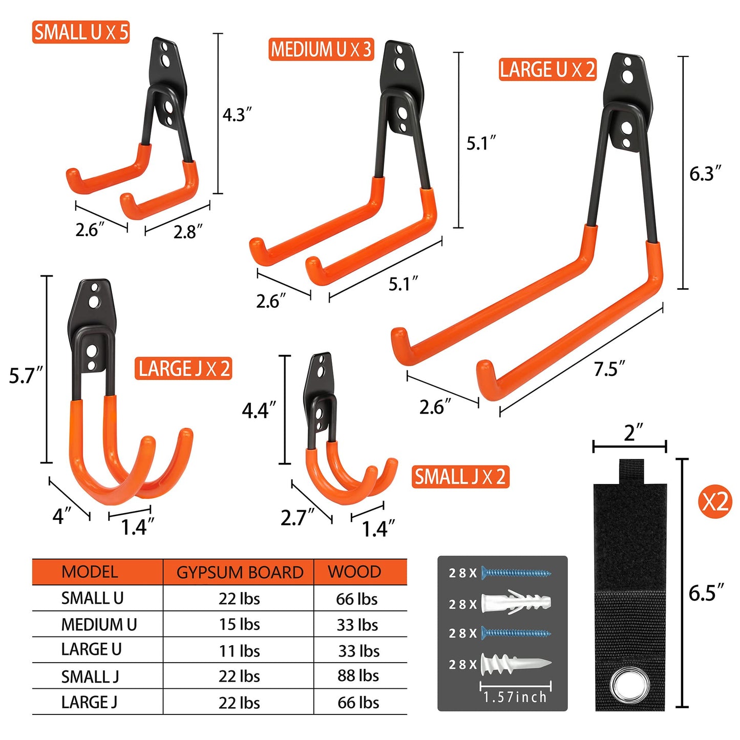 Steel Garage Storage Hooks - 16 Pack Anti-Slip Coating, Heavy Duty Wall Mount Hooks for Hanging Bike, Ladder, Garden Tools