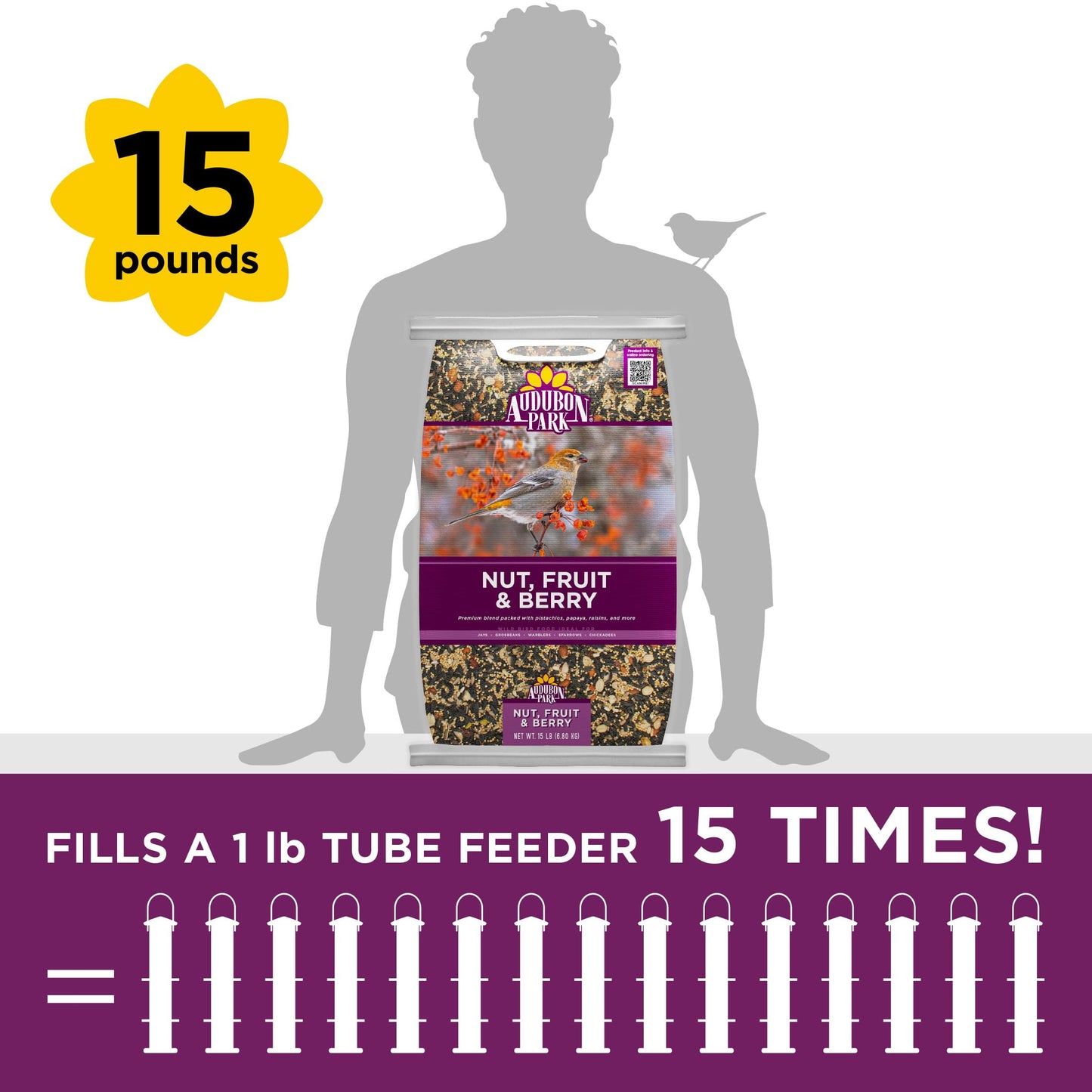 Audubon Park Nut & Fruit Wild Bird Seed – 15 lb. Premium Blend with Sunflower Seeds, Peanuts, Safflower & Dried Fruit – Bird Food for Outside Feeders