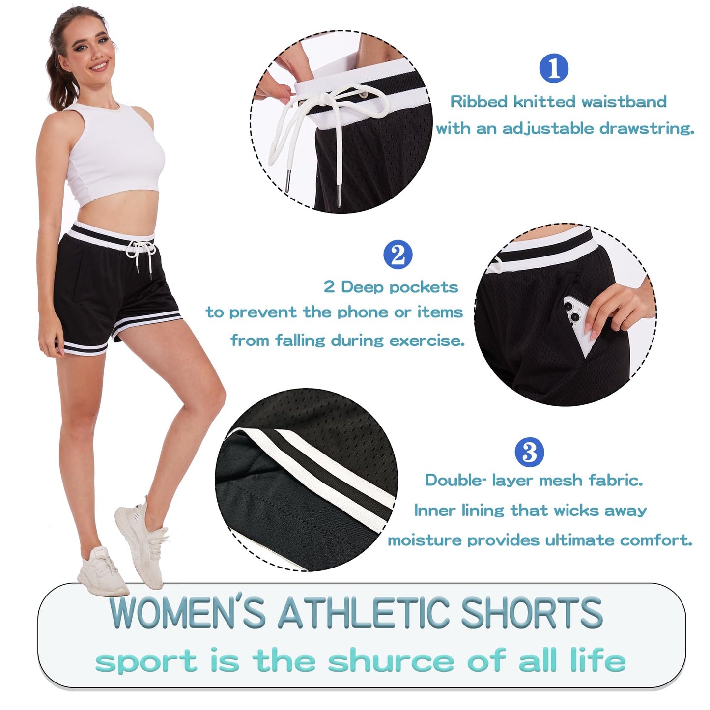 HEALONG Women Basketball Athletic Shorts: Double Mesh 5 Inch Inseam - Gym Sports Workout Jogger Drawstring Retro Fashion Soft Short with Pockets Black