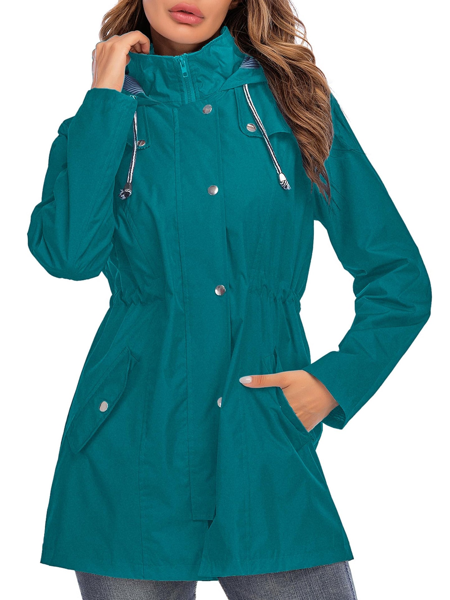 Rain Jacket Women Striped Lined Hooded Lightweight Raincoat Outdoor Waterproof Windbreaker