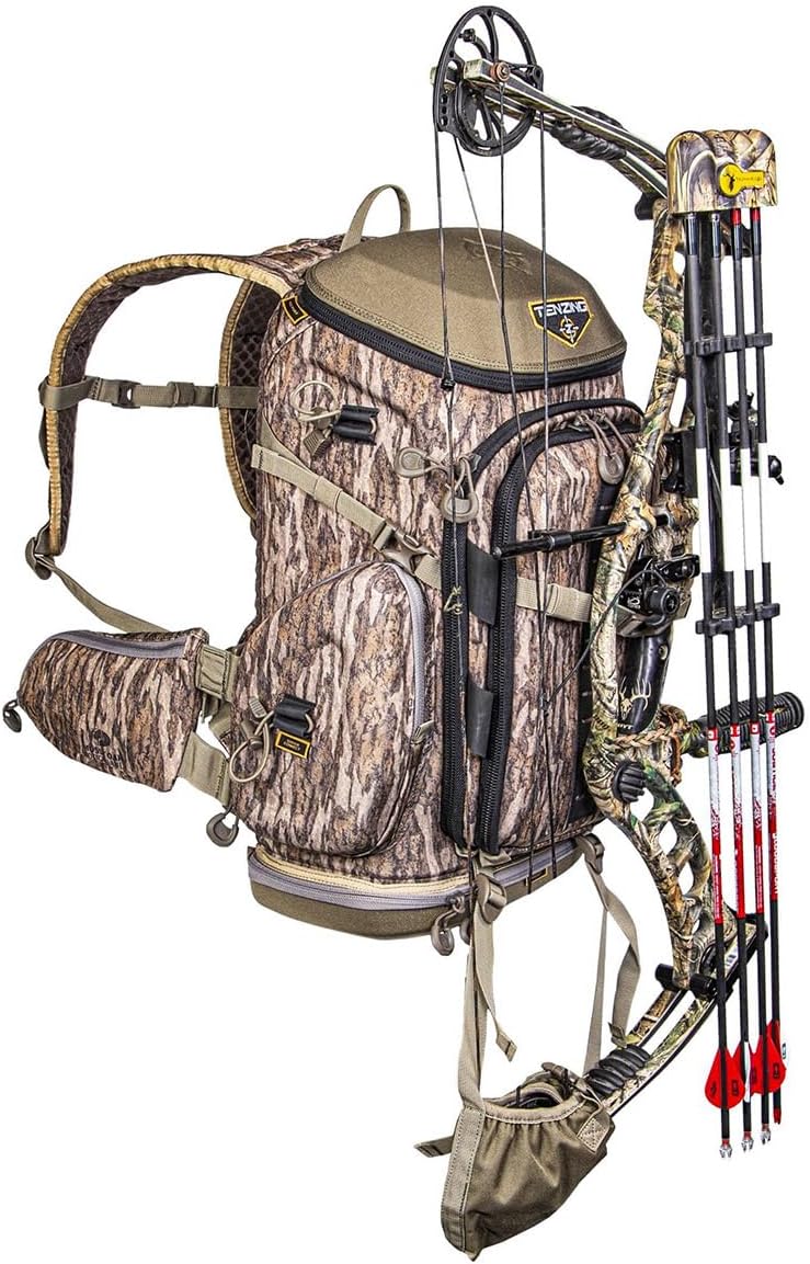 TENZING Hangtime Day Pack for Tree Stand Hunting, H2O Compatible EVA-Molded Durable Hunting Backpack with 7 Compartments & 15 Pockets, 1,600-cubic-inch Hunting Pack, Mossy Oak Bottomland