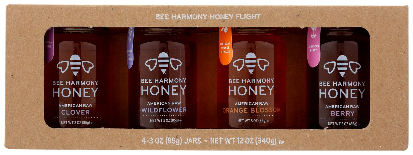 Bee Harmony Classic Honey Flight, Mini Honey Gift Set, 4 Jars, 3 OZ Each, Premium, Raw, Made in the USA