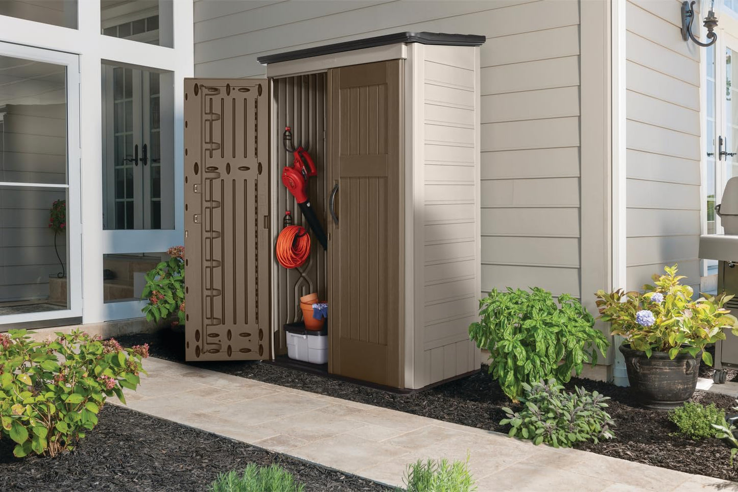 Rubbermaid Vertical Resin Outdoor Storage Shed With Floor (4 x 2.5 Ft) Weather Resistant Brown Organization for Home/Backyard/Garden Tools/Porch/Patio Cushions/Pool Chemicals/Toys