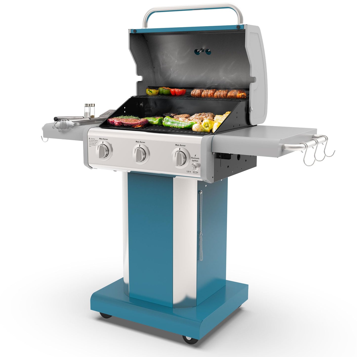 Kenmore 3-Burner Propane BBQ Grill, 30,000 BTUs Gas Grill with Cast Iron Cooking Grates, Folding Side Tables & Wheels, Outdoor Grill with Tool Hooks, Azure Blue