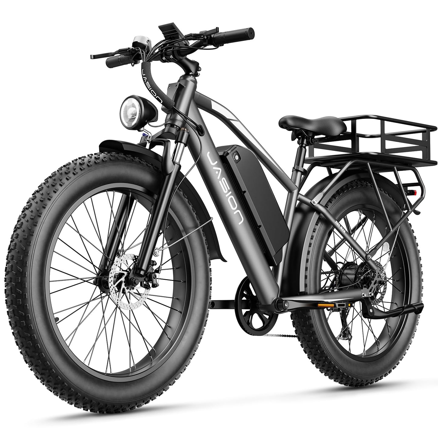 Jasion EB5 MAX Electric Bike for Adults with 1500W Peak Motor, 48V 15Ah (720Wh) Battery Electric Mountain Bike, 26'' x 4'' Fat Tire Ebike, 28+MPH Speed, Cruise Control, with Fenders, Rear Rack