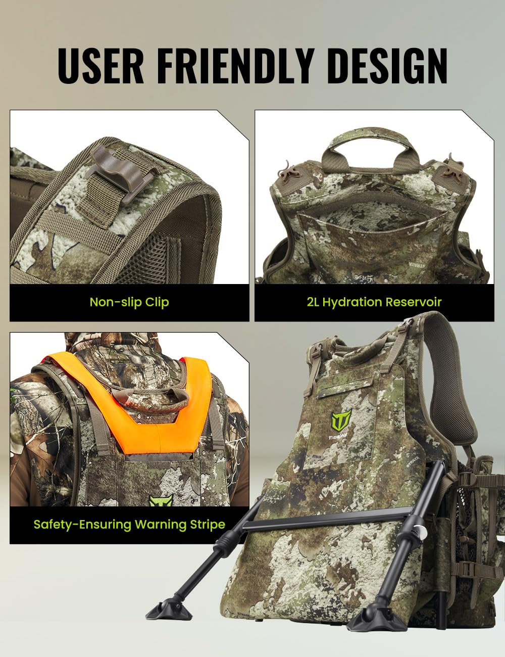 TIDEWE Turkey Vest with Seat, Hunting Vest with Game Pouch and Kickstand, Strut Camo Turkey Hunting Clothes for Men Women