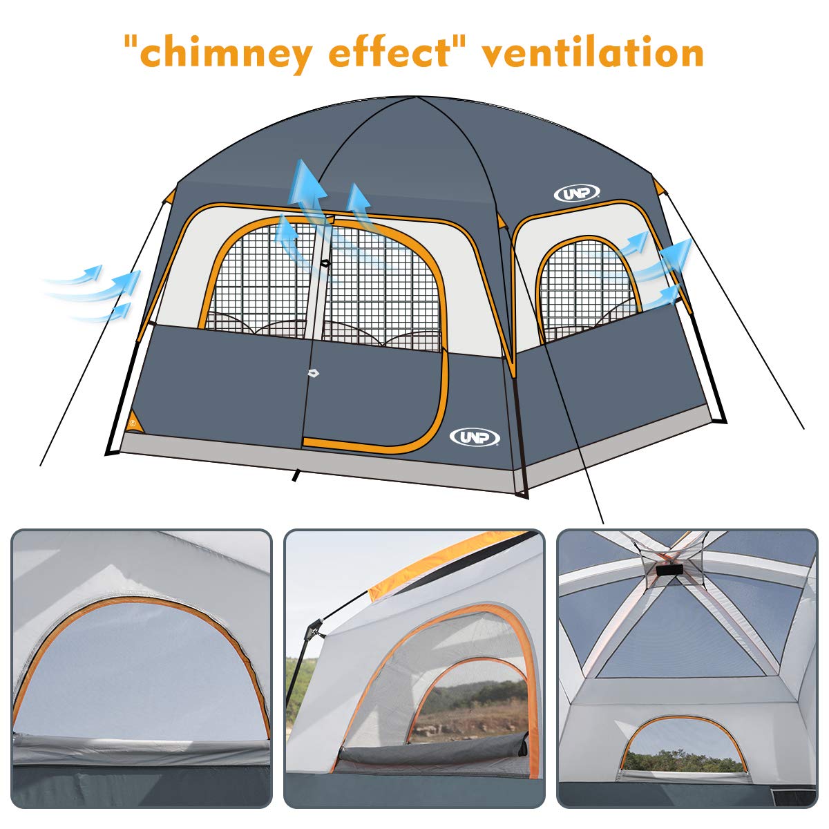 UNP Tents 6 Person Waterproof Windproof Easy Setup,Double Layer Family Camping Tent with 1 Mesh Door & 5 Large Mesh Windows -10'X9'X78in(H)