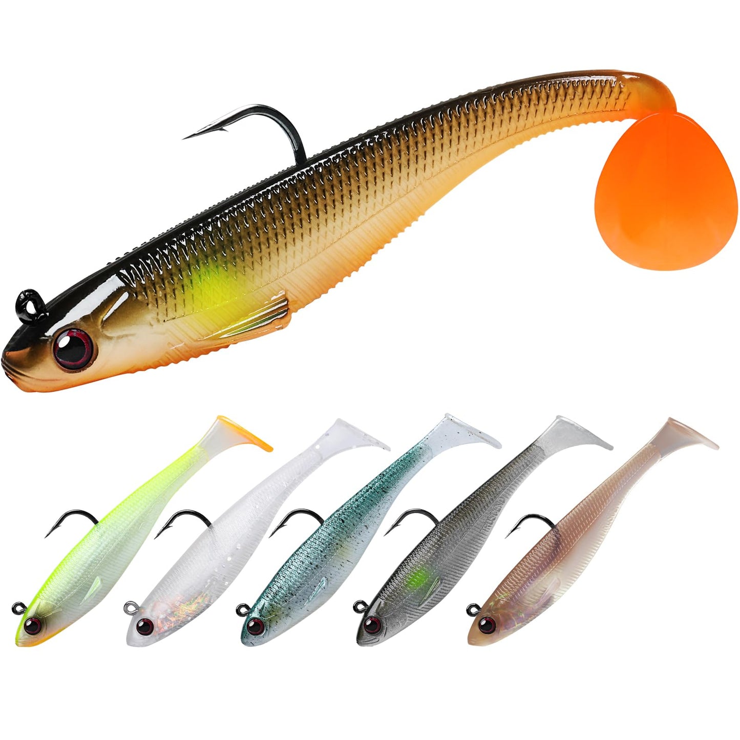 TRUSCEND Easy Catch Pre-Rigged Soft Lures, Vibrating Swim Action, Trembly Sinking Move, Amazing Soft Swimbait for Family Fishing, Well-Made Fishing Lures for Bass Trout Crappie Walleye Pike Redfish
