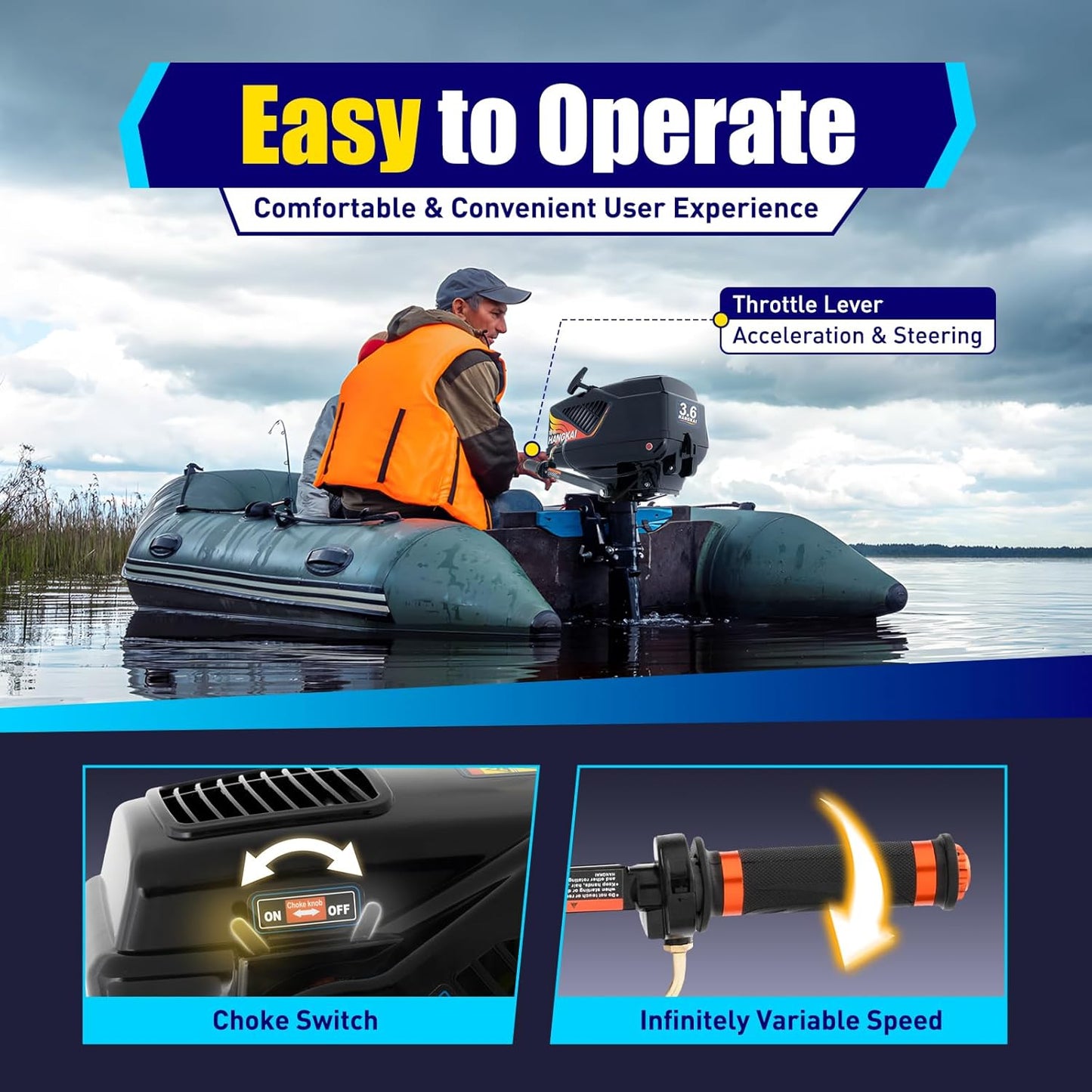 2 Stroke 3.6HP Outboard Motor, HANGKAI 55CC Heavy Duty Fishing Boat Engine with Cooling System & CDI, Boat Motor Gas Boat Motor for Kayaks Canoes Dinghies Inflatable Boats
