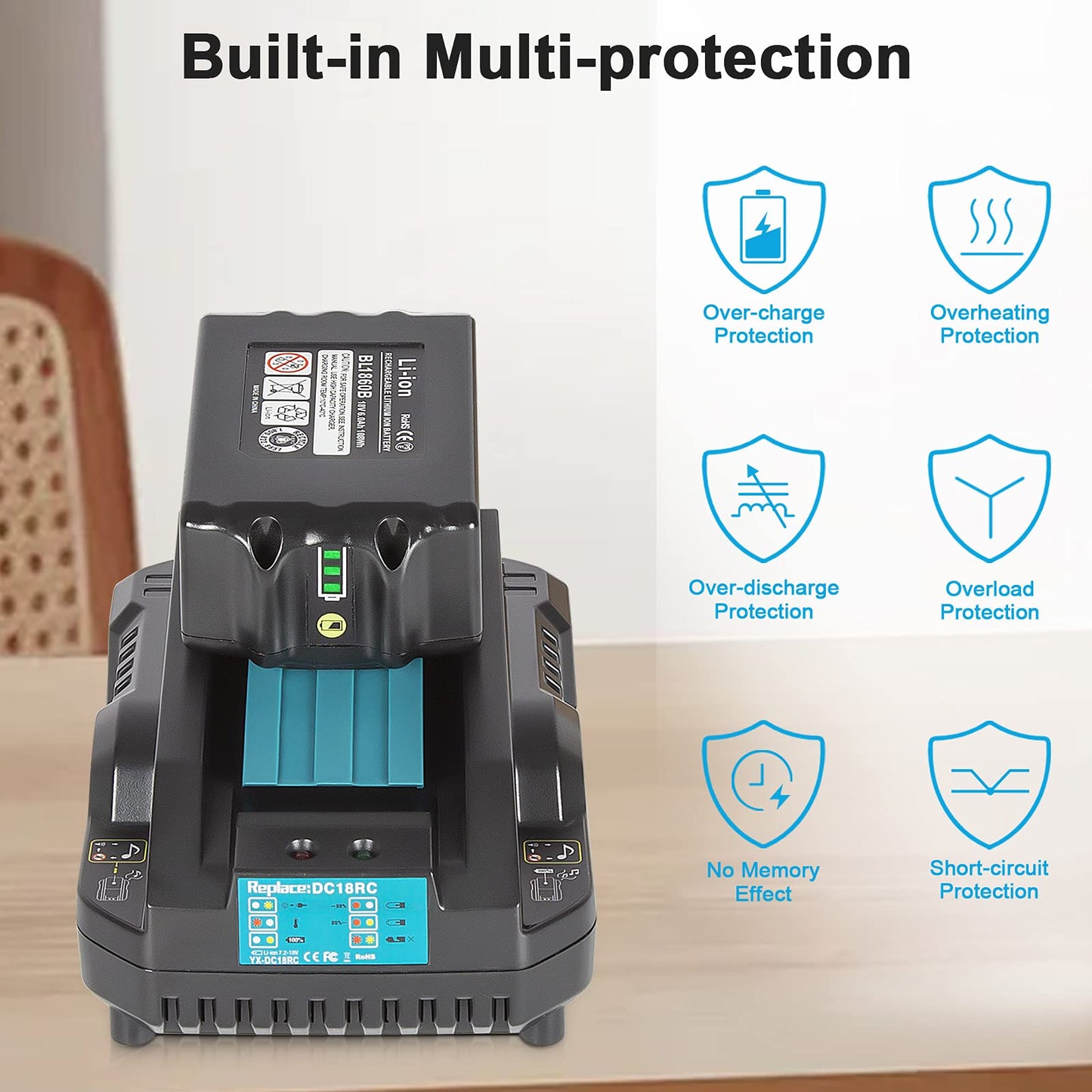 Upgraded 6.0Ah Replcement for Makita 18V Battery 2Pack with Charger Compatible with Makita 18 Volt Power Tools Black