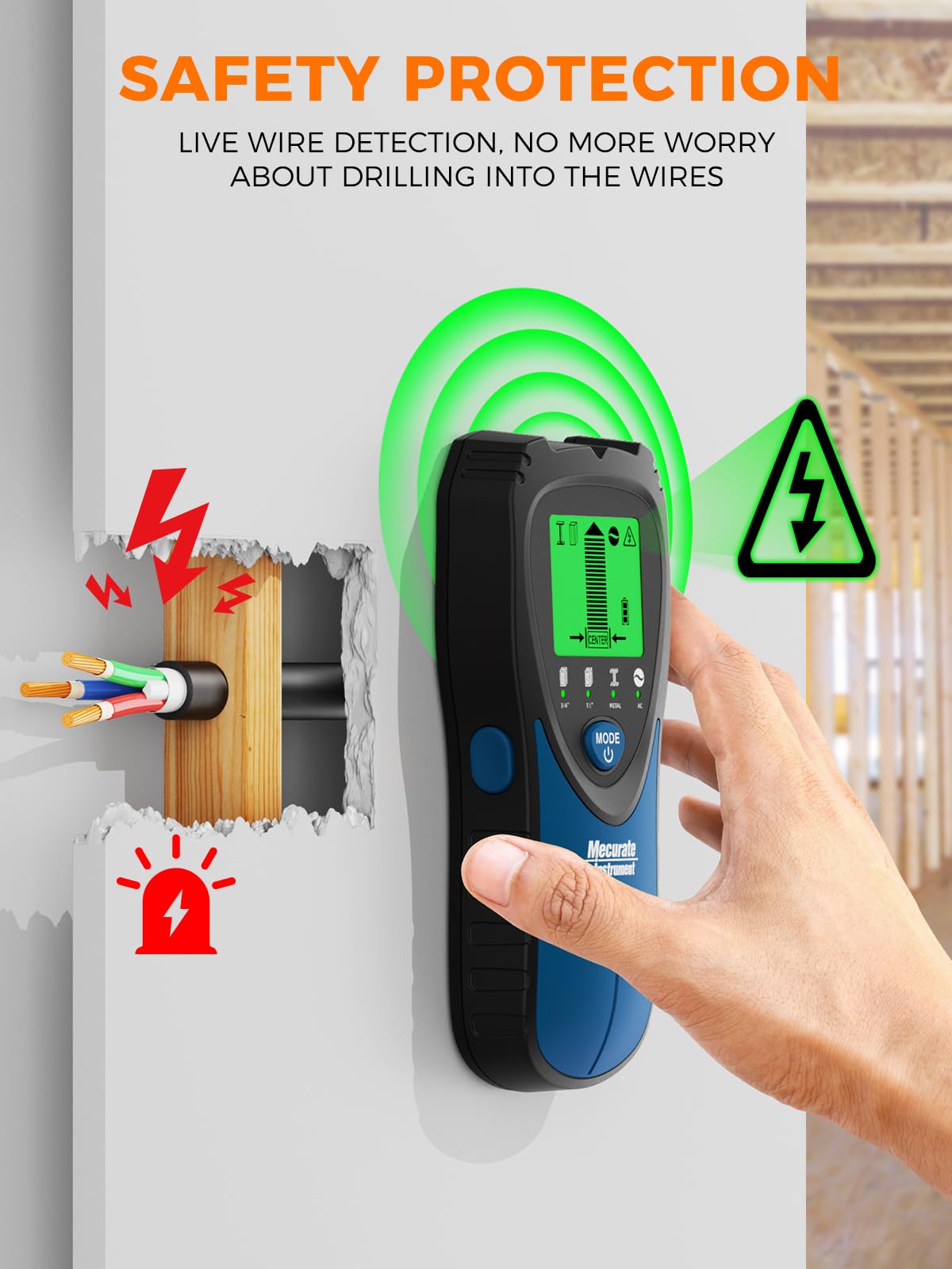 Mecurate Stud Finder Wall Scanner Sensor - 5 in 1 Electronic Stud with LCD Display & Audio Alarm for Wood AC Live Wire Metal Studs Detection Joist Pipe