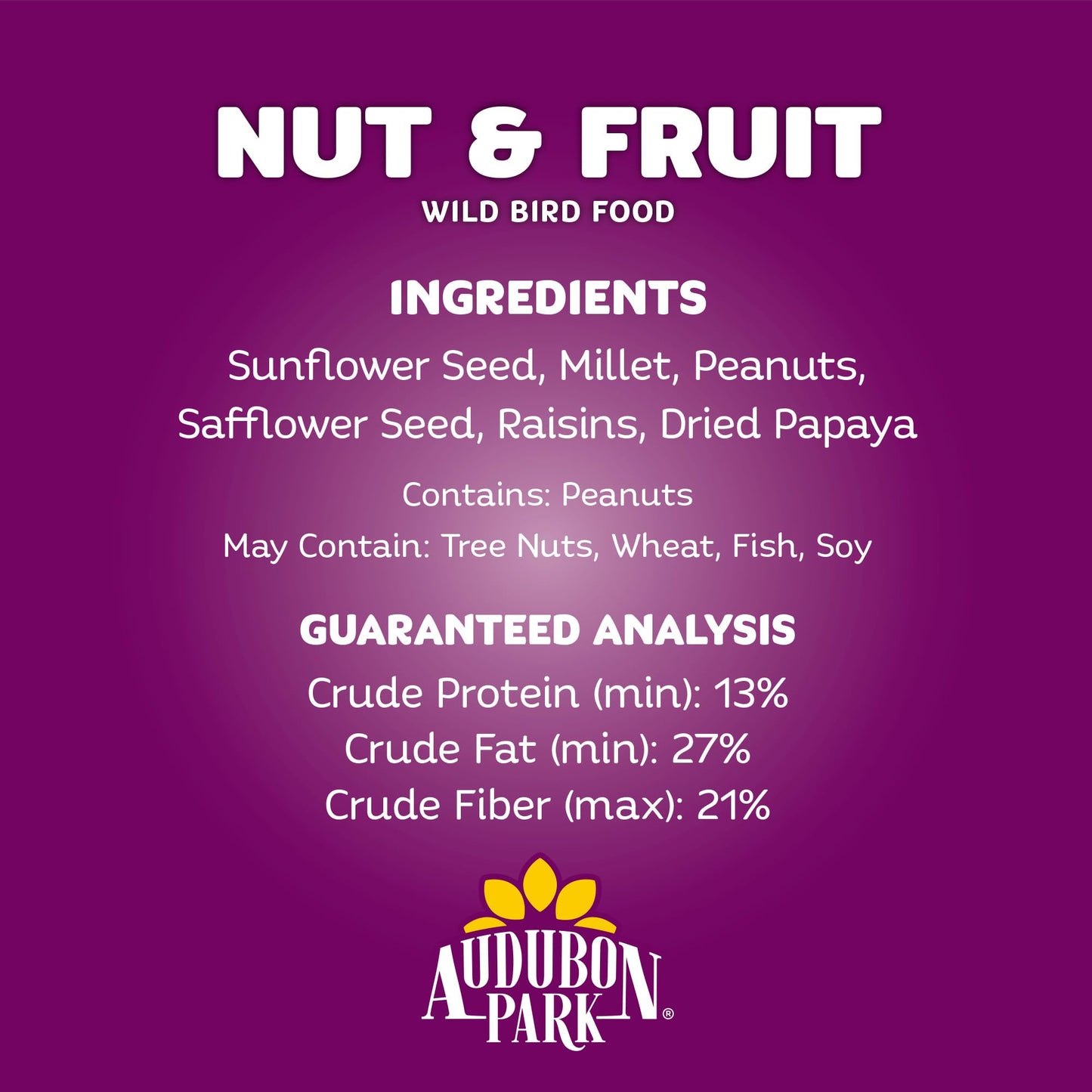 Audubon Park Nut & Fruit Wild Bird Seed – 15 lb. Premium Blend with Sunflower Seeds, Peanuts, Safflower & Dried Fruit – Bird Food for Outside Feeders