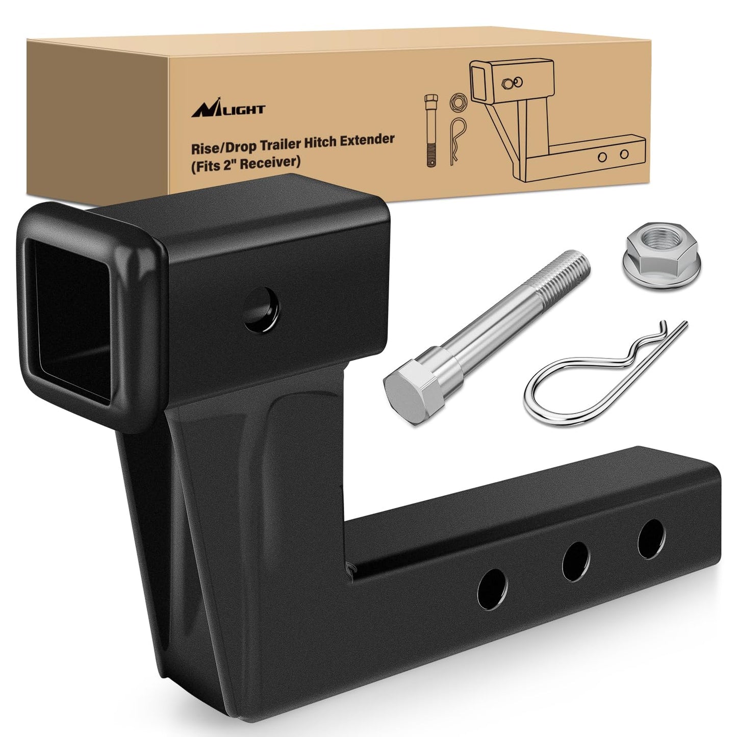 Nilight Trailer Hitch Receiver Extender Adapter Reducer 1-1/4 to 2Inch Hitch Adapter 6-1/2 inch Extension Sleeve Convertor 350Lbs with 1/2-Inch Diameter Pin and Clip with 5/8-Inch Adapter