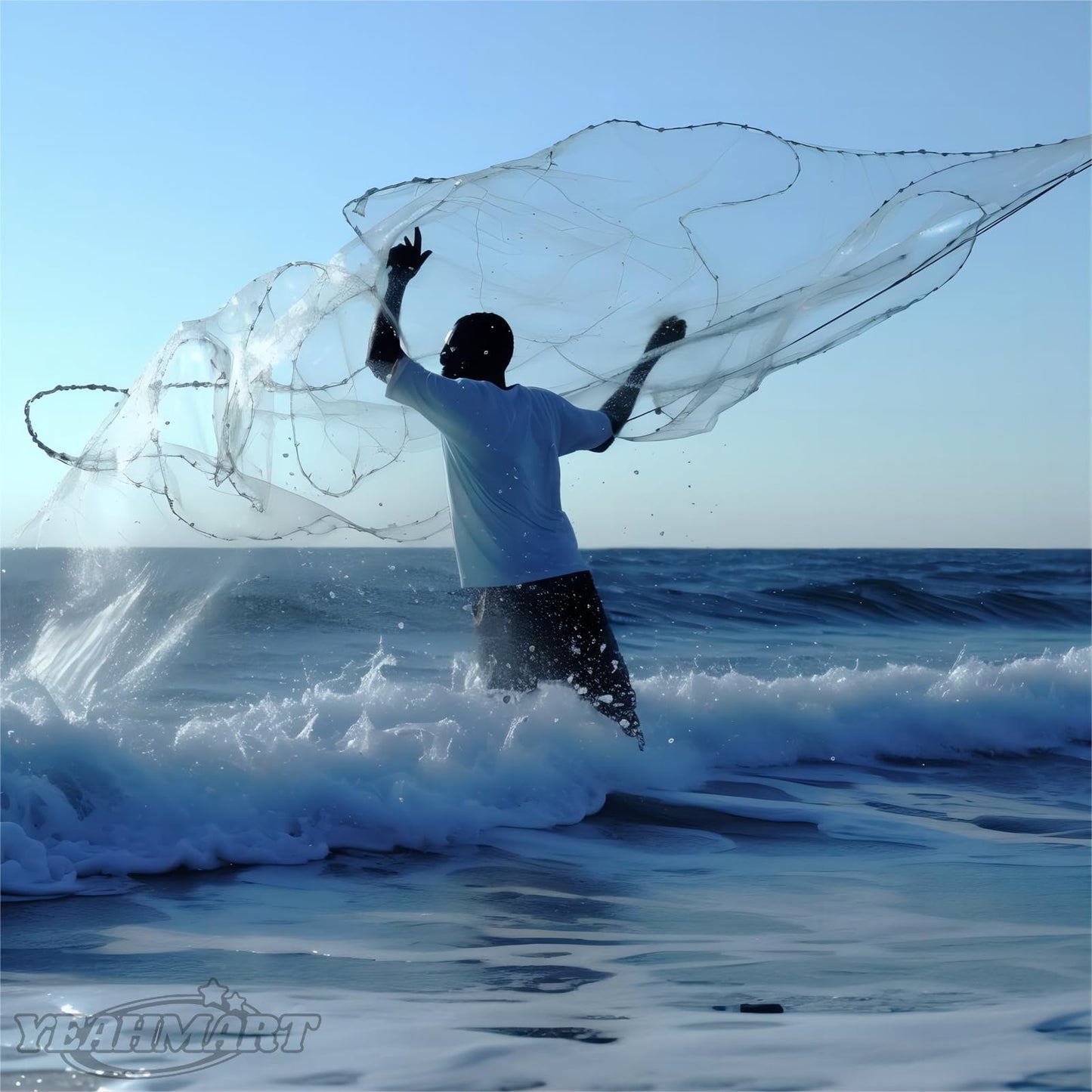 Yeahmart American Saltwater Fishing Cast Net for Bait Trap Fish 3ft/4ft/5ft/6ft/7ft/8ft/9ft/10ft Radius Casting Nets with Heavy Duty Real Zinc Sinker Weights, 3/8inch Mesh Size