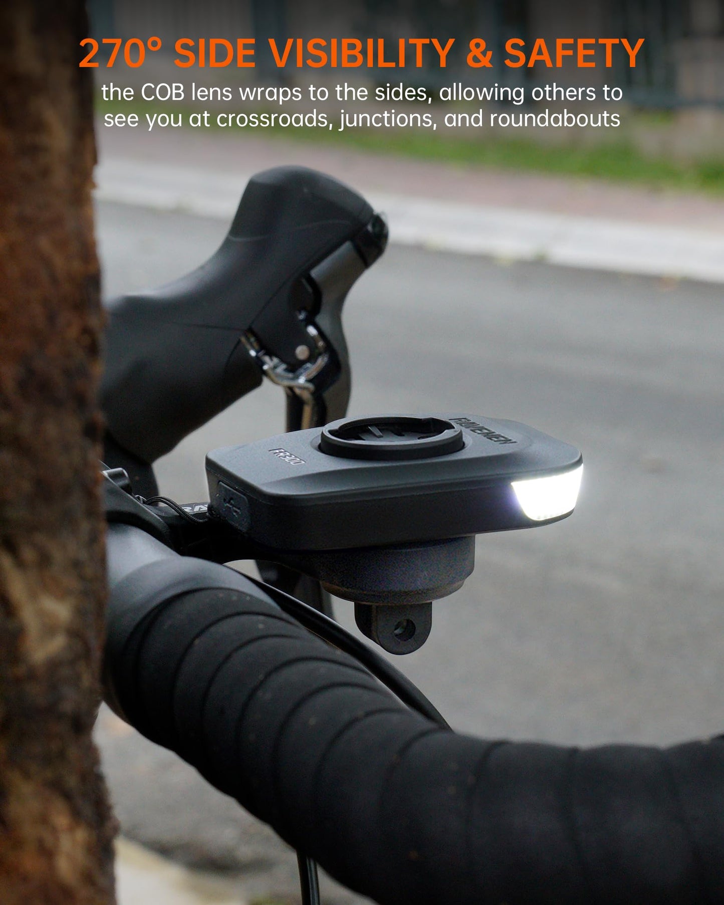 RAVEMEN FR300 Compatible with Garmin/Wahoo Bike Computer, 300 Lumen Warning Flashing 6 Modes Cycling Computer Accessories with Auto On Off, USB C Rechargeable for Road Bike (Patent Protected)