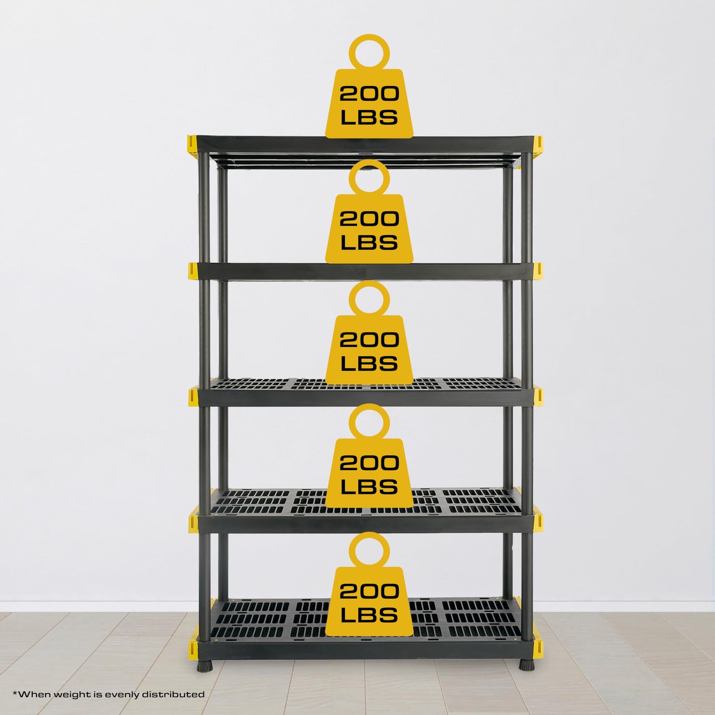 BLACK & YELLOW, 4-Tier Heavy Duty Plastic Storage Shelving Unit, 200lbs/shelf (55"H x 48"W x 20"D), for Indoor/Outdoor Organization, Modular Rack