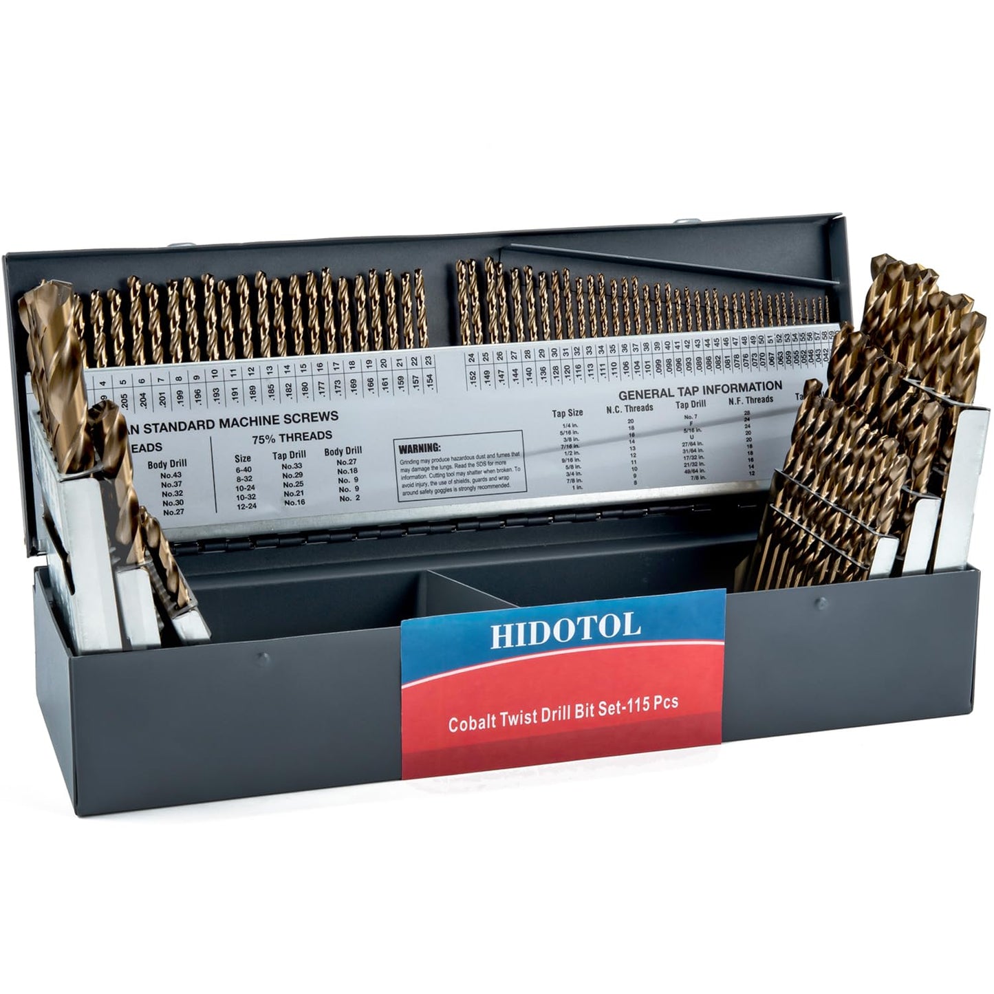 Cobalt Drill Bit Set 115 PCS - M35 High Speed Steel Twist Jobber Length Drill Bits for Hardened Metal, Stainless Steel, Cast Iron, Plastic and Wood, 1/16"-1/2", A-Z, 1-60