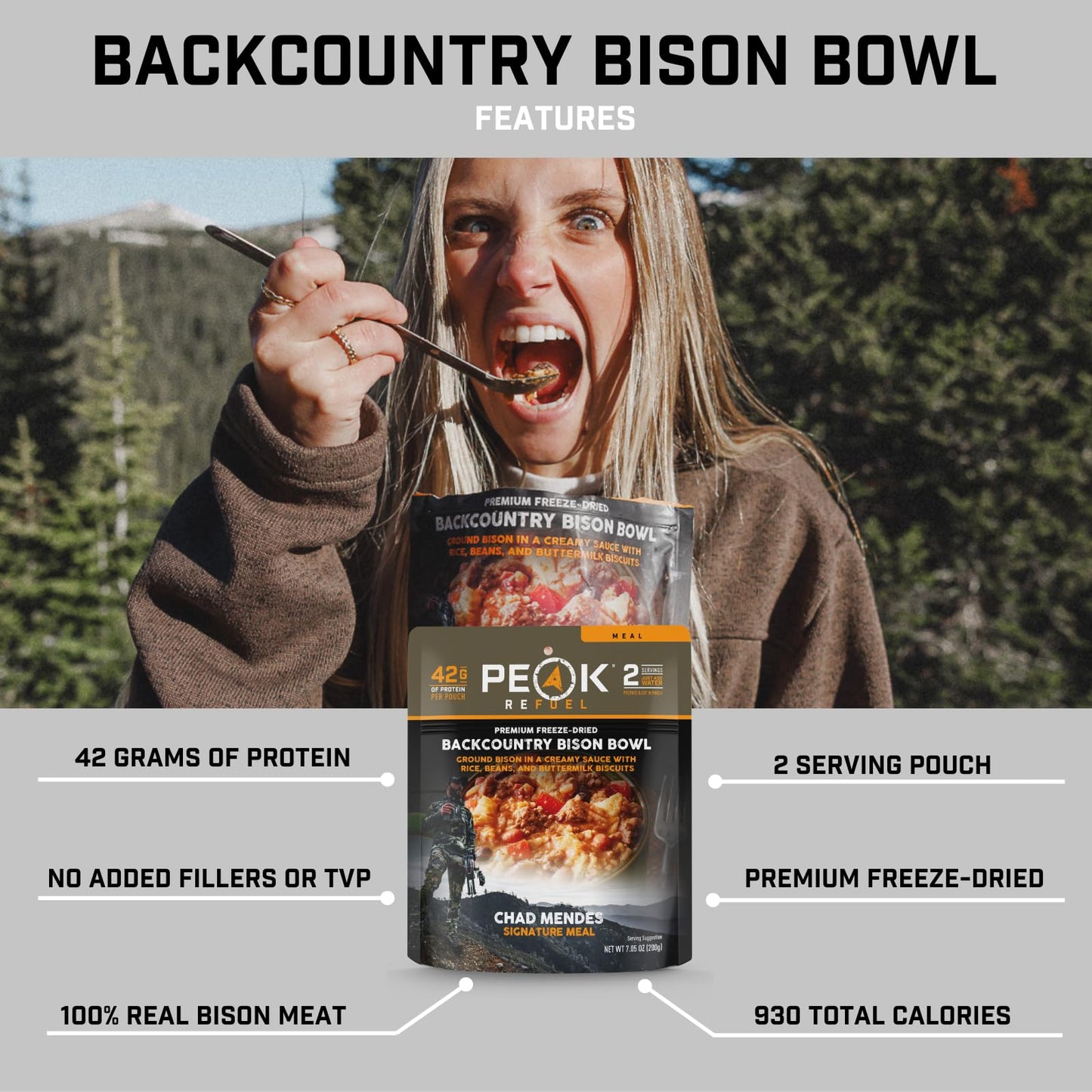 Peak Refuel Backcountry Bison Bowl | Chad Mendes Signature Meal | Premium Freeze-Dried Variety Meals | Hunting, Survival, Camping, Backpacking Food | High-Protein Game Meats | MRE | Made in USA