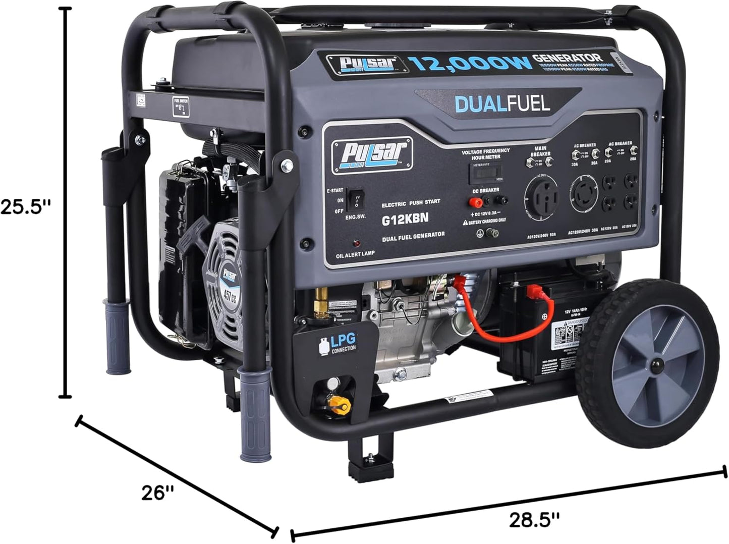 Pulsar G12KBN Heavy Duty Portable Dual Fuel Generator - 9500 Rated Watts & 12000 Peak Watts - Gas & LPG - Electric Start - Transfer Switch & RV Ready - CARB Compliant
