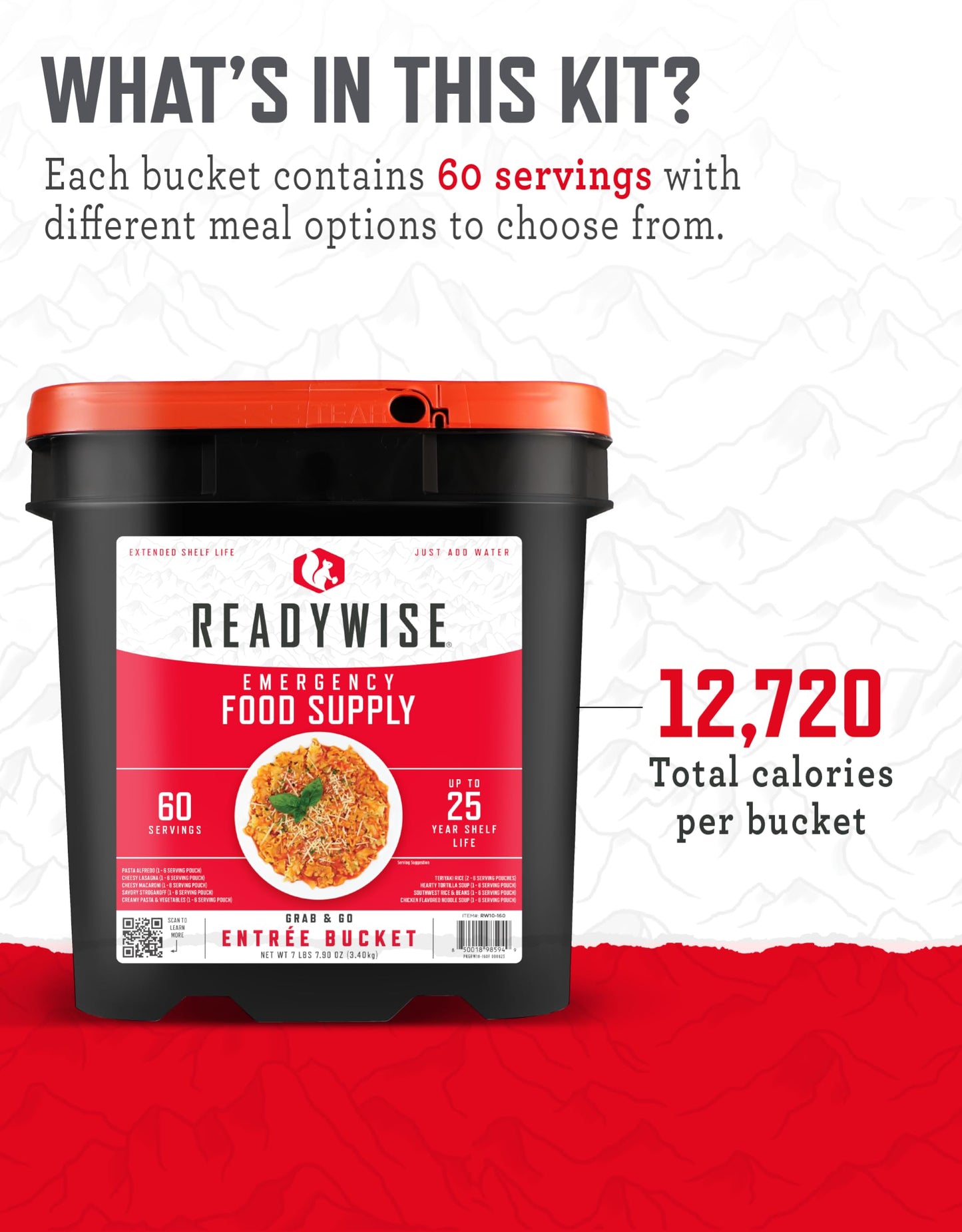 READYWISE - Emergency Food Supply Bucket, 120 Servings, MRE Meal Food Supply, Premade, Freeze Dried Survival Rations for Hiking, Adventure & Camping Essentials, Individually Packaged, 25 Year Shelf Life