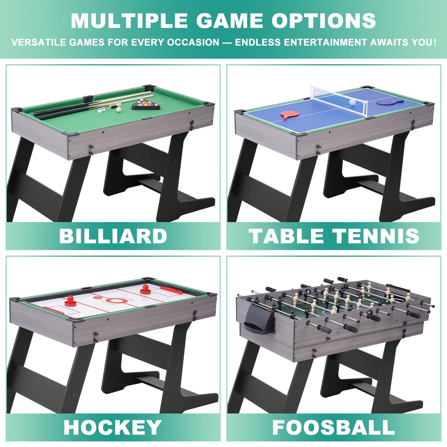 RAYKEEP Foldable Multi Game Table, 54" 4-in-1 Combo Game Table Set with Ping Pong, Hockey, Pool Billiards and Foosball for Kids, Adults, Home, Game Room, Friends & Family