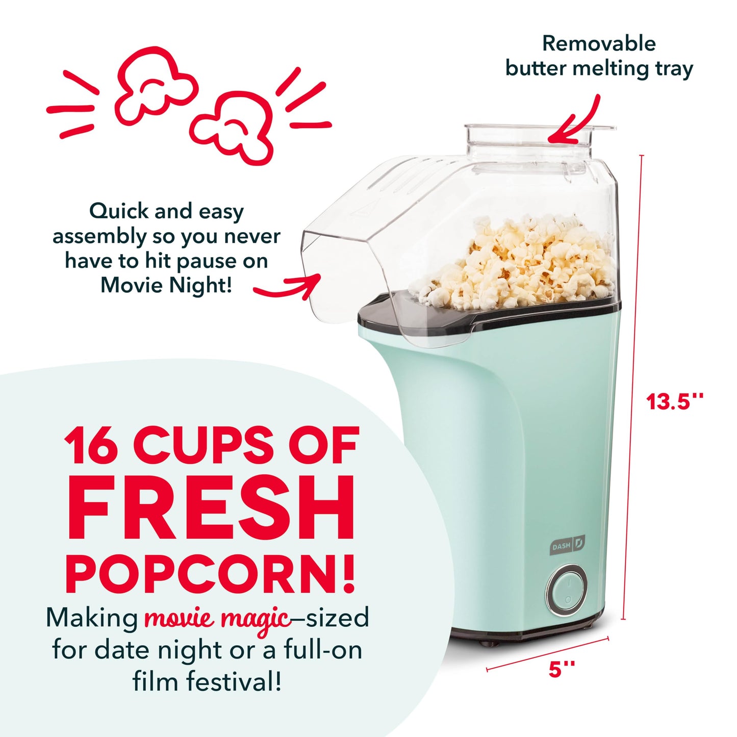 DASH Hot Air Popcorn Popper Maker with Measuring Cup to Portion Popping Corn Kernels + Melt Butter, 16 Cups - Red