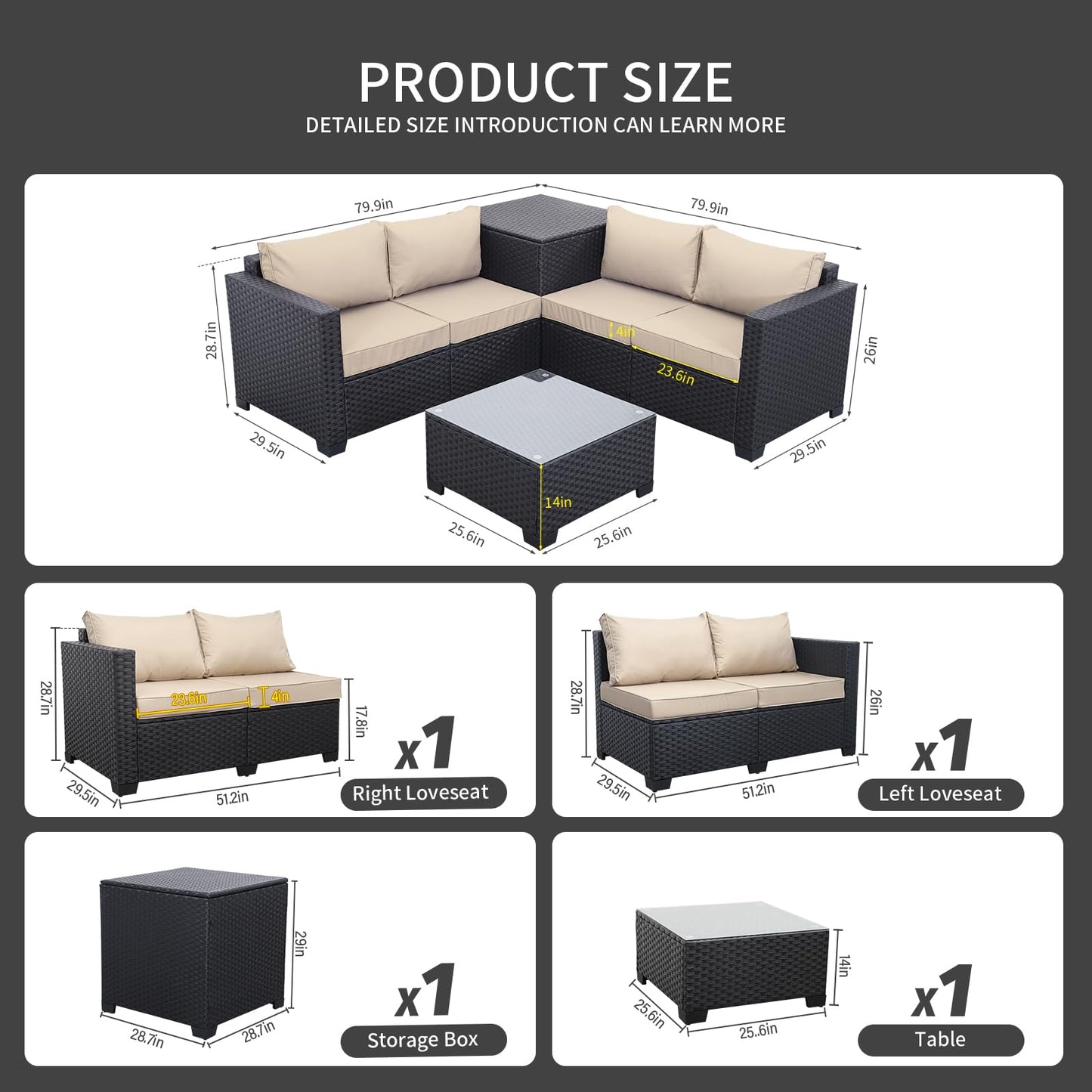 Outdoor PE Wicker Patio Furniture Set 4 Piece Black Rattan Sectional Loveseat Couch Set Conversation Sofa with Storage Box Glass Top Table and Non-Slip Grey Cushion