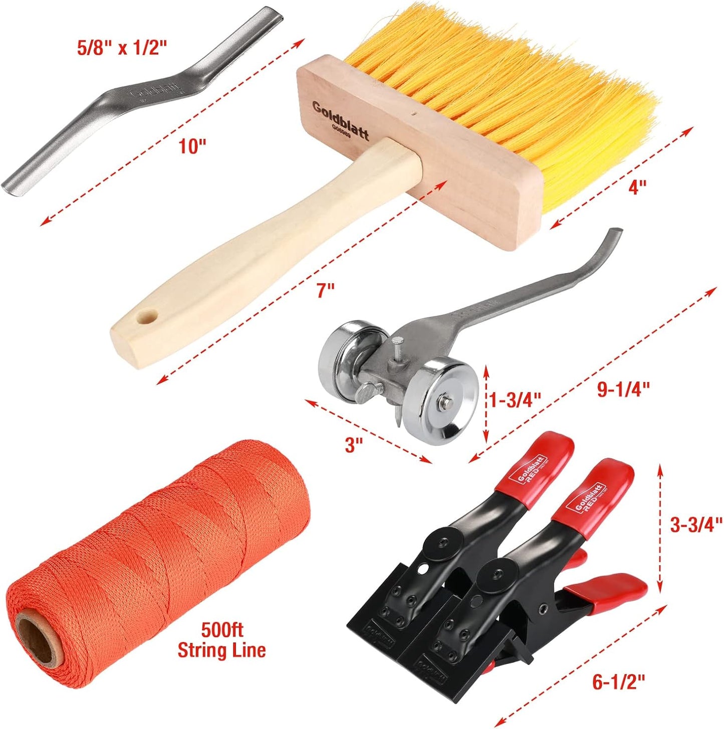 Goldblatt 12PC Masonry Hand Tool Set Organized in Tool Bag - Philadelphia/Pointing/Margin/Tuck Pointing Trowel, Skate Wheel Joint Raker, Convex Brick Jointer, String Line & Jag-clamp, Masonry Brush