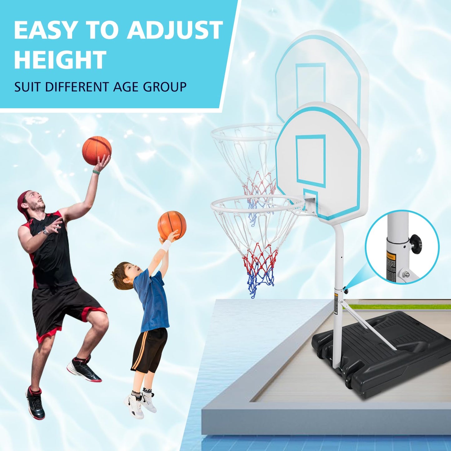 SculPong Swimming Pool Basketball Hoop Portable Water Basketball Goal Poolside Height Adjustable Beach Basketball Stand for Pool with Base and 35" Backboard for Indoor Outdoor Games 3.1-4.7 FT Blue