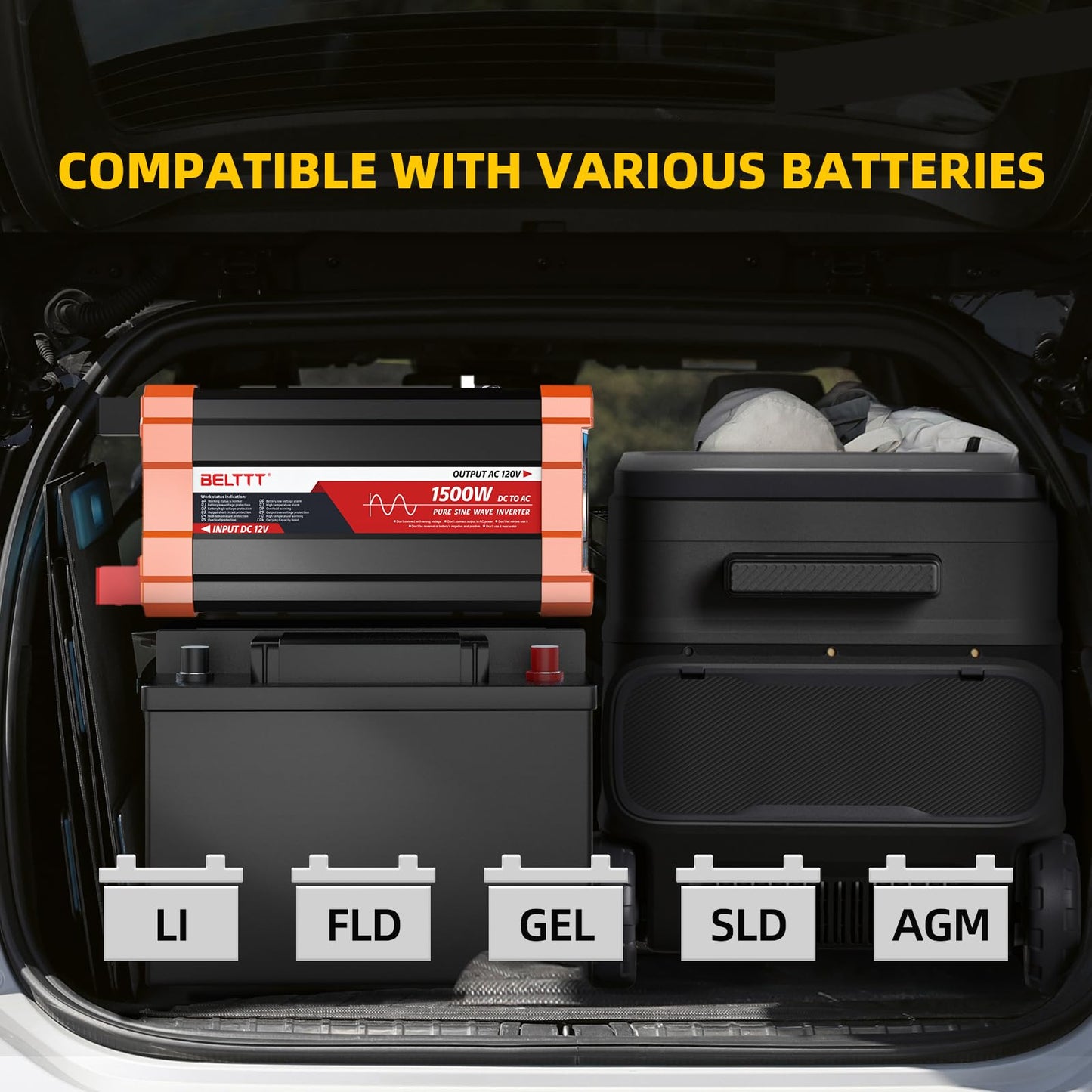 BELTTT 1000Watt Pure Sine Wave Inverter 12V DC to 120V AC for RV, Truck, Off-Grid Solar Car Power Inverter 12V to 110V Converter with Dual AC Socket and 5V 2.1A USB, Intelligent LCD, 2000W Peak