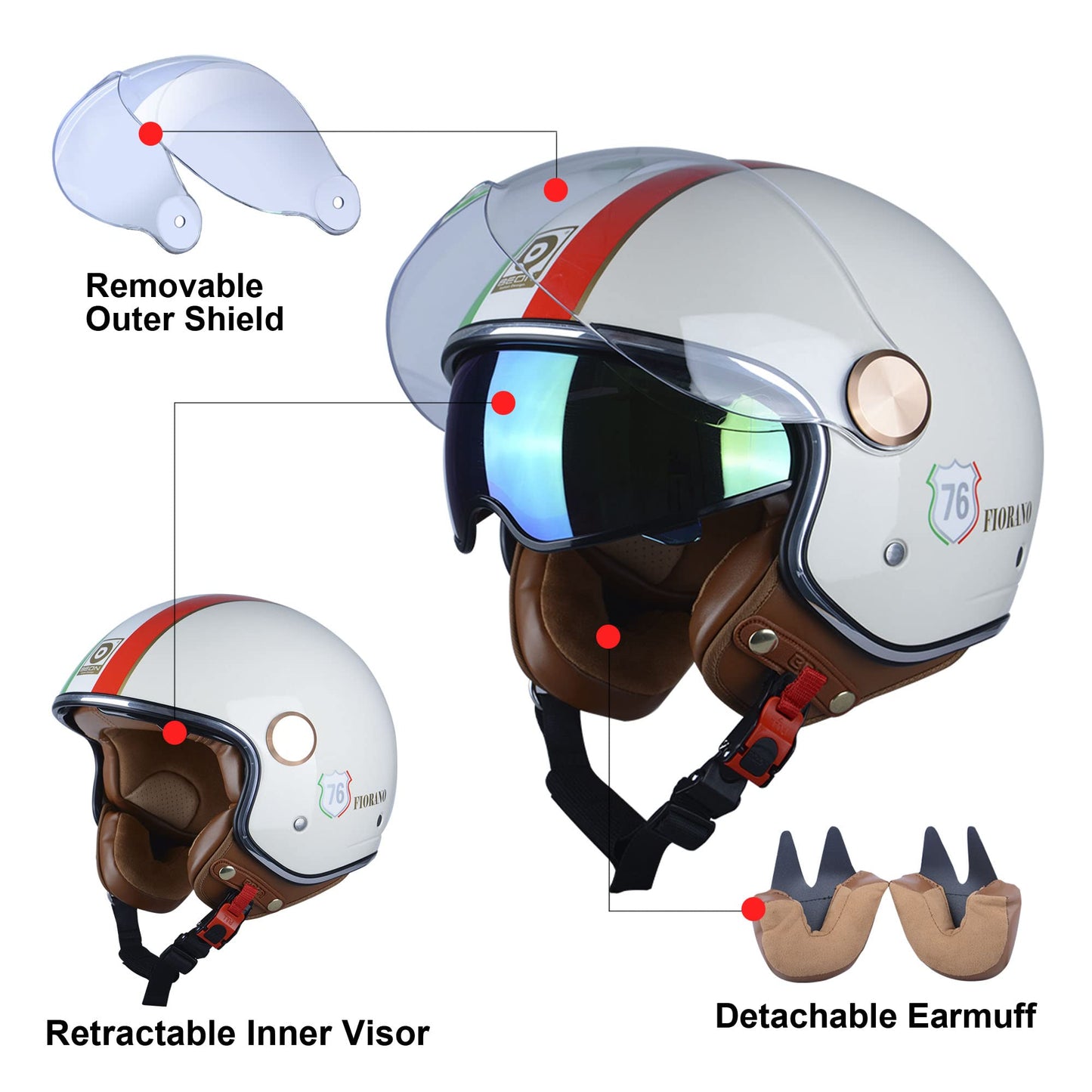 Open Face Motorcycle Helmet for Adults, DOT Approved,3/4 Retro Vespa Helmet, Dual Visors Men's and Women's Motorbike Casco for Moped Cruiser Bobber and Chopper