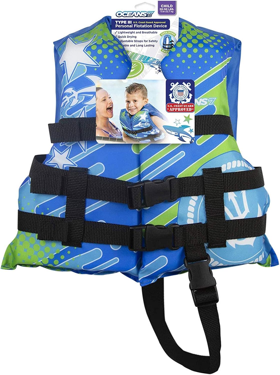 Oceans7 US Coast Guard-Approved, Type III – Kids Life Jacket – Personal Flotation Device with Comfortable Flex-Form-Fit Open-Sided Design – Blue/White