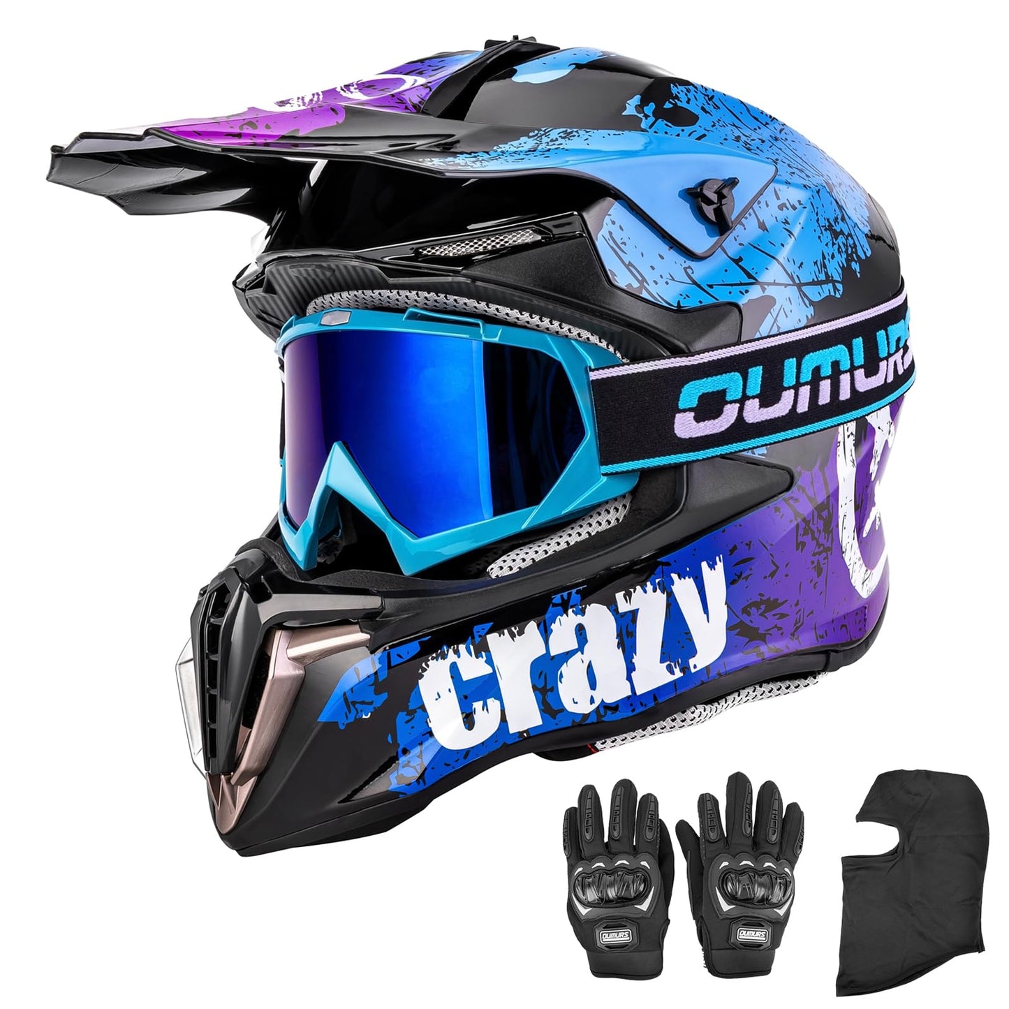 Adult ATV Dirt Bike Helmet with Goggles Gloves & Mask Quick Release Buckle Adjustable Sun Visor Motorcycle Adult Helmet Off-Road Motocross Downhill Moped MX for Unisex-Adult