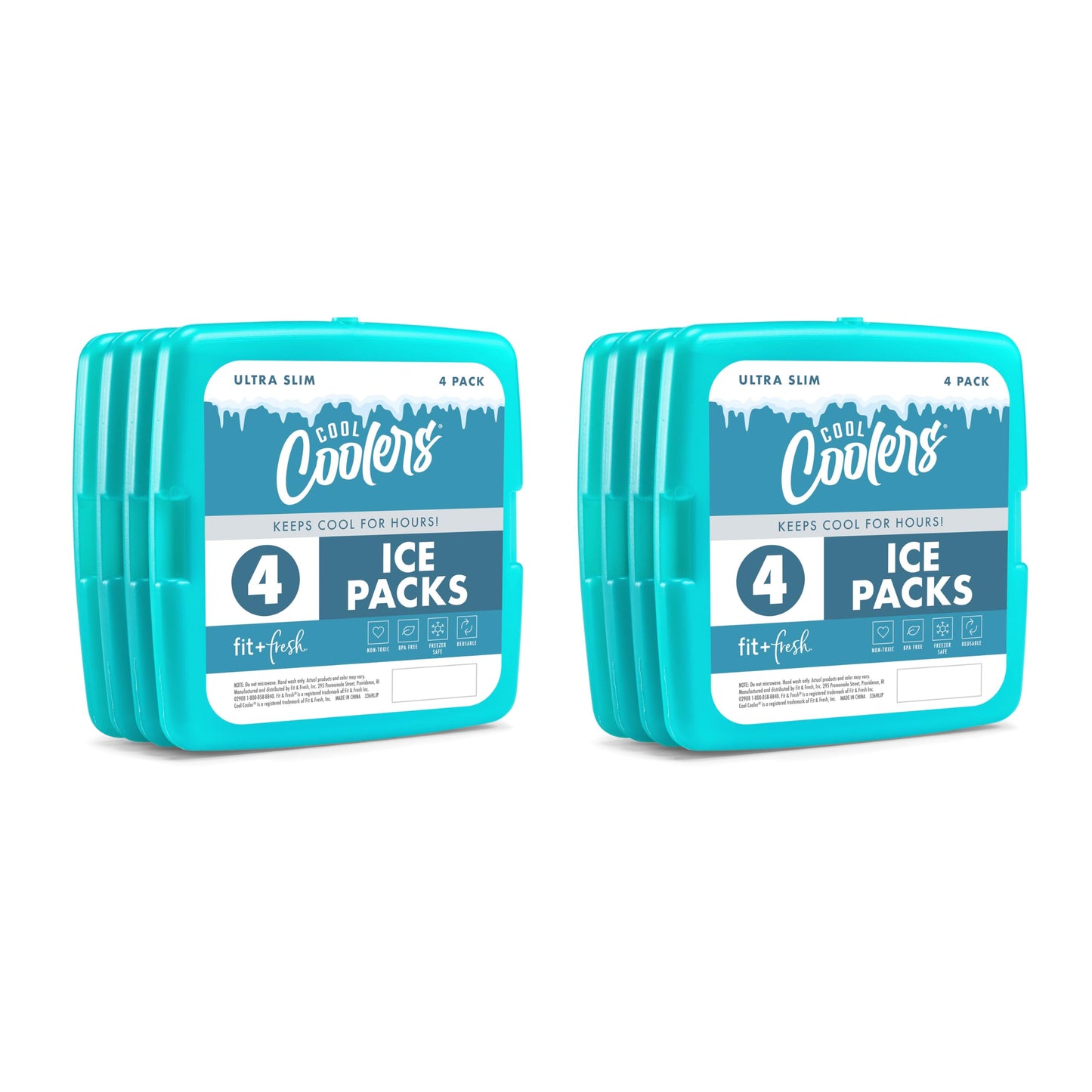 Cool Coolers by Fit & Fresh 4 Pack Slim Ice Packs, Quick Freeze Space Saving Reusable Ice Packs for Lunch Boxes or Coolers, Multi Colored