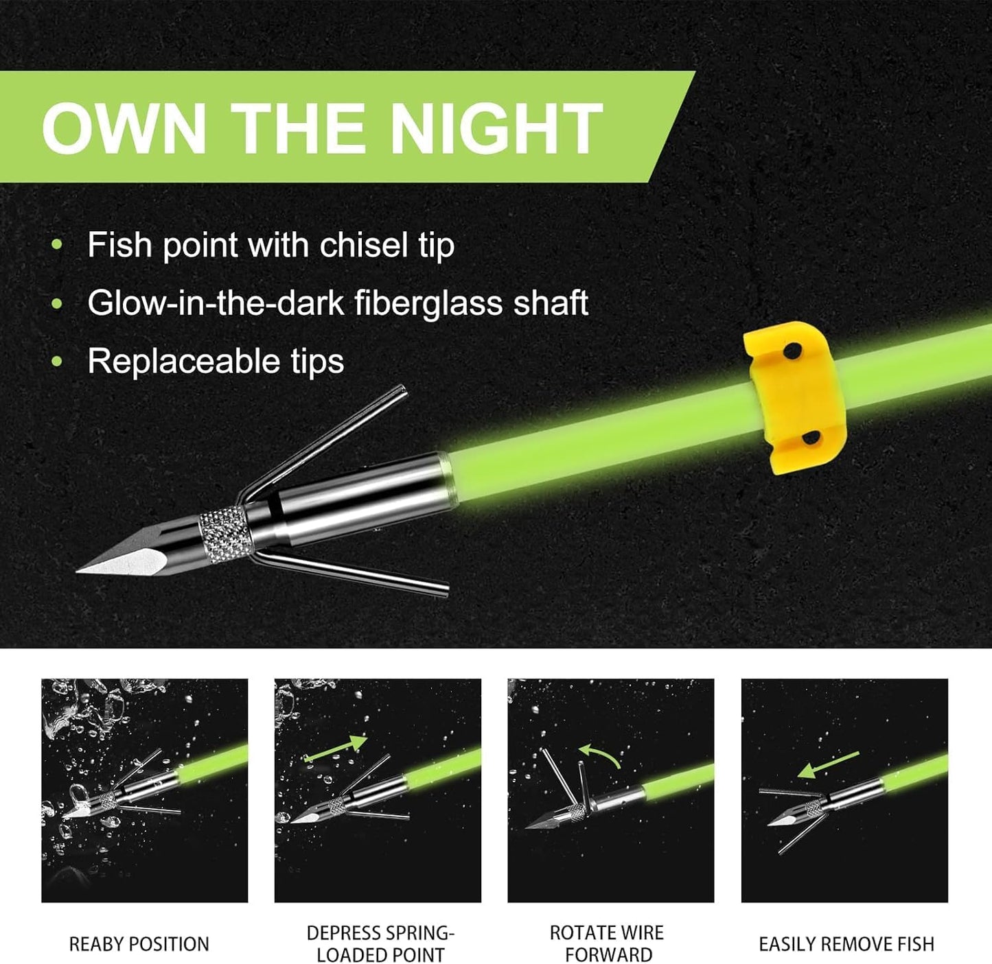 6 Pack 32 inch Bowfishing Arrows with Broadheads & Safty Slides Luminous Bow Fishing Arrows for Compound Bow Recurve Bow Fishing Hunting