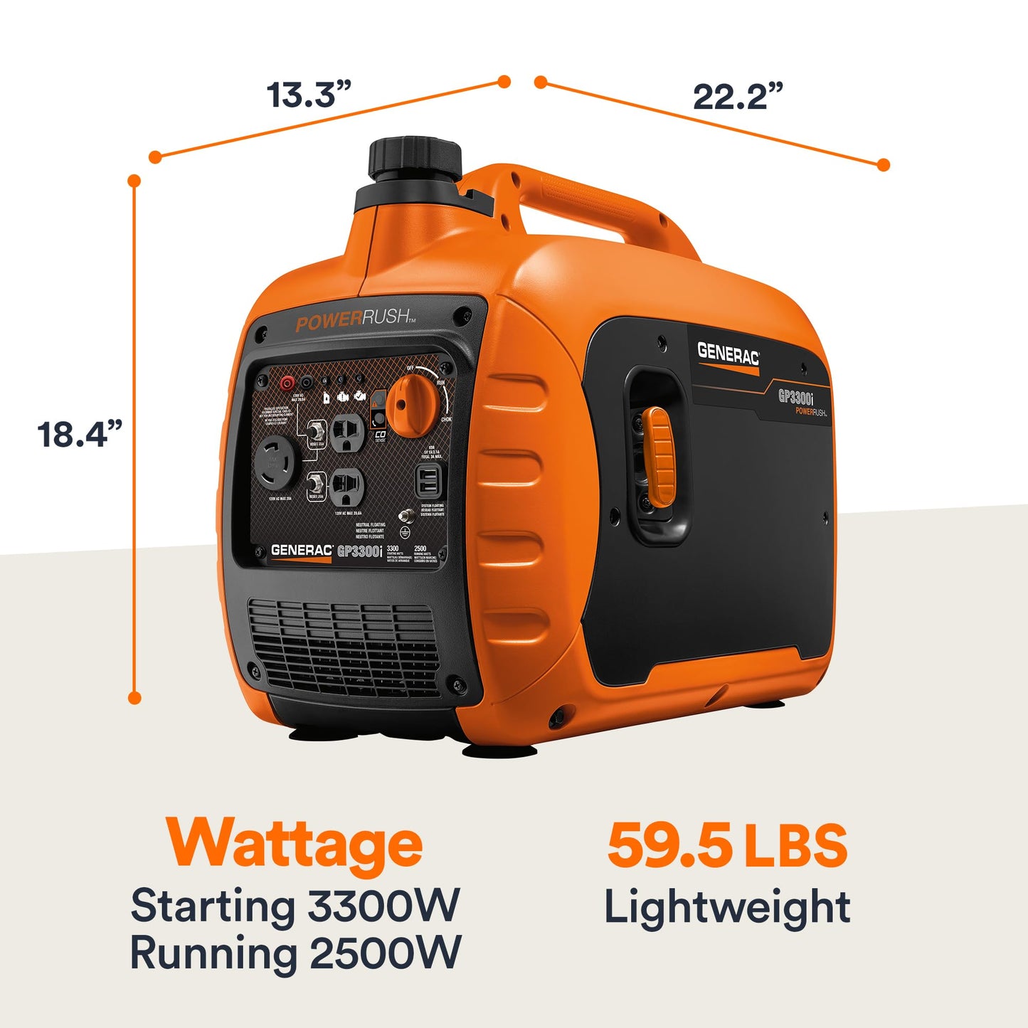 Generac 3,300-Watt Gas-Powered Portable Inverter Generator - Lightweight Design - USB Ports for Mobile Device Charging - COsense Technology - Perfect for Home use - Orange/Black
