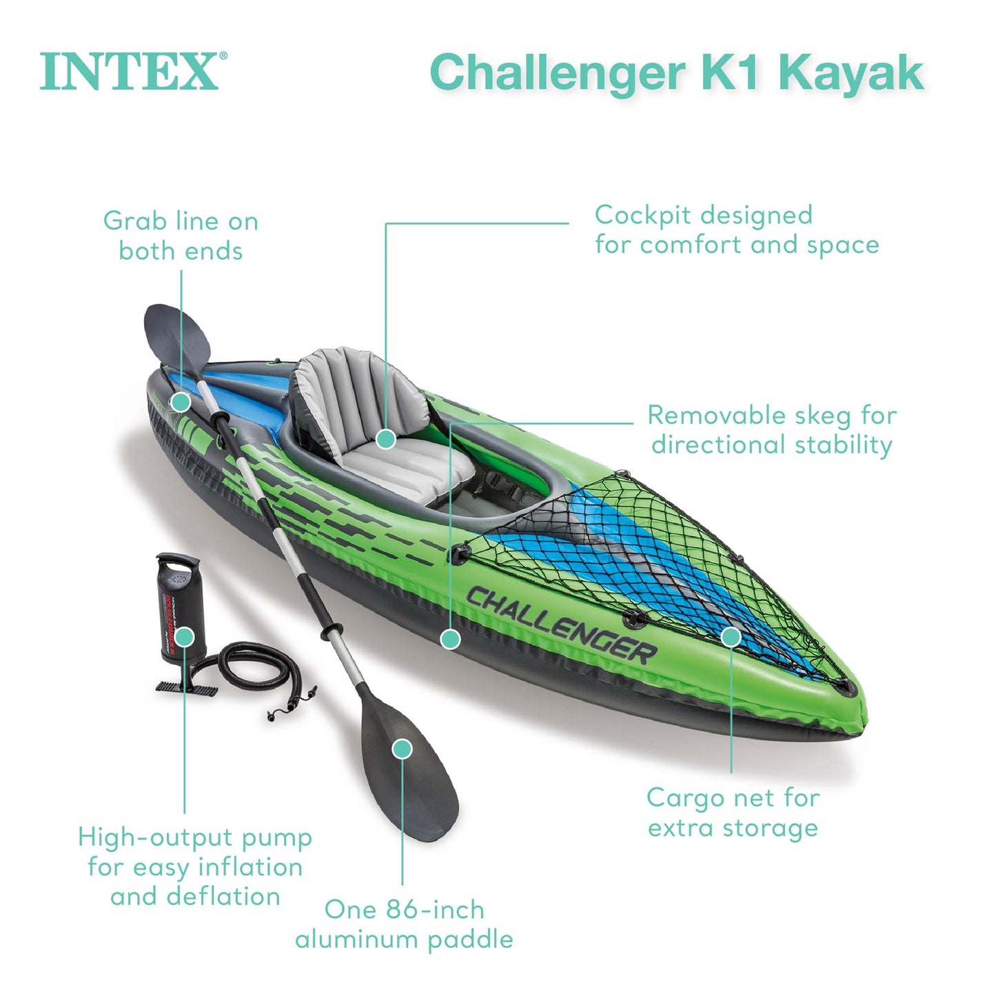 INTEX Challenger Inflatable Kayak Series: Includes Deluxe 86in Kayak Paddles and High-Output Pump – SuperStrong PVC – Adjustable Seat with Backrest – Removable Skeg – Cargo Storage Net