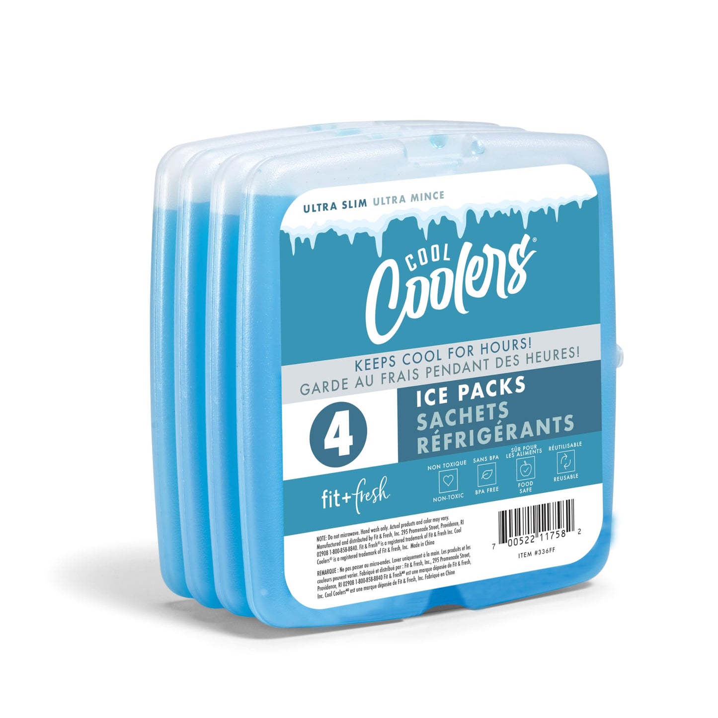 Cool Coolers by Fit & Fresh 4 Pack Slim Ice Packs, Quick Freeze Space Saving Reusable Ice Packs for Lunch Boxes or Coolers, Multi Colored
