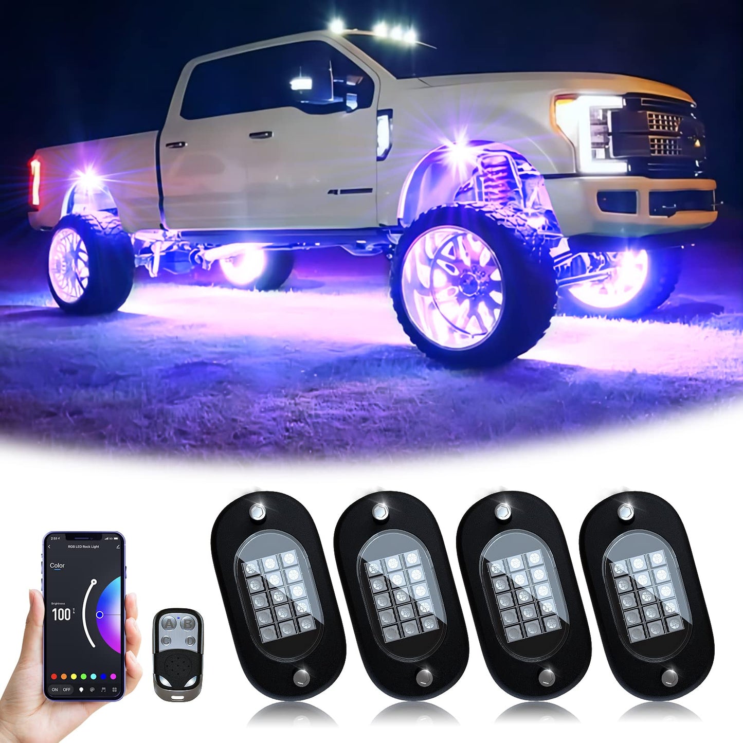 YiLaie RGB LED Rock Lights 14 Pods, 210 LEDs Lights with Phone App/Remote Control & Timing & Music Mode Rock Lights Kits, Waterproof Underglow Light for ATV RZR UTV SUV Off Road AUTO Motorcycle