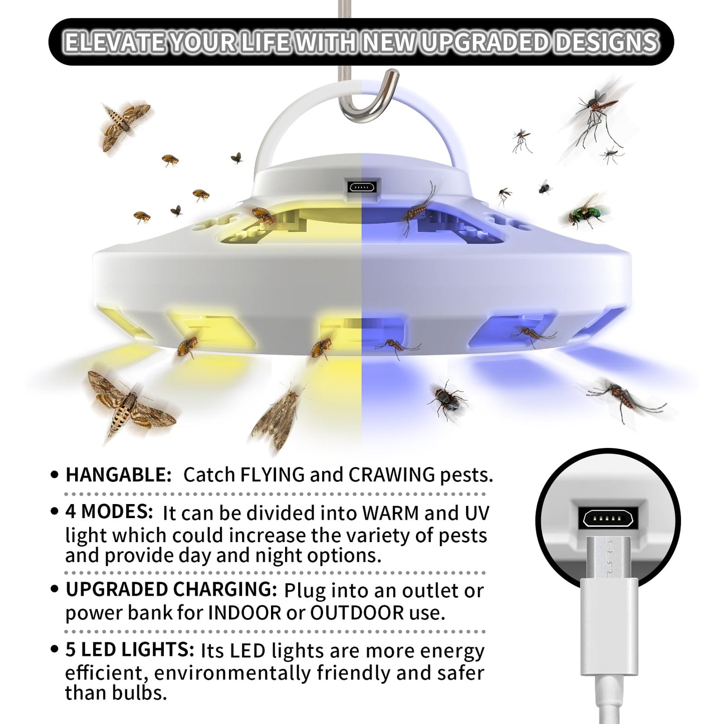 2 Packs Flea Traps for Inside Your Home with 6 Sticky Pads, Flea Light Traps Kills Fleas in House, Hanging Flea Lamp with USB Cable Pest Control for Bugs Moths Gnats Indoor and Outdoor
