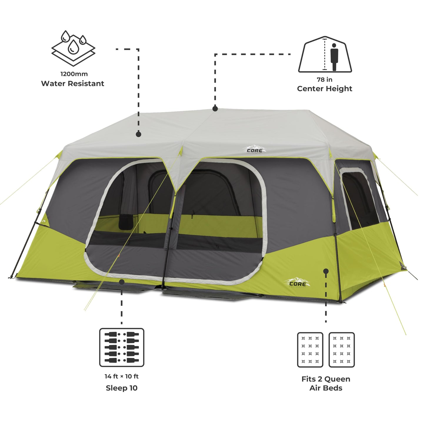 CORE Instant Cabin Tents | 6 Person / 9 Person / 10 Person / 12 Person Family Cabin Multi Room Pop Up Tents Car Camping | Included Storage Pockets for Camping Accessories