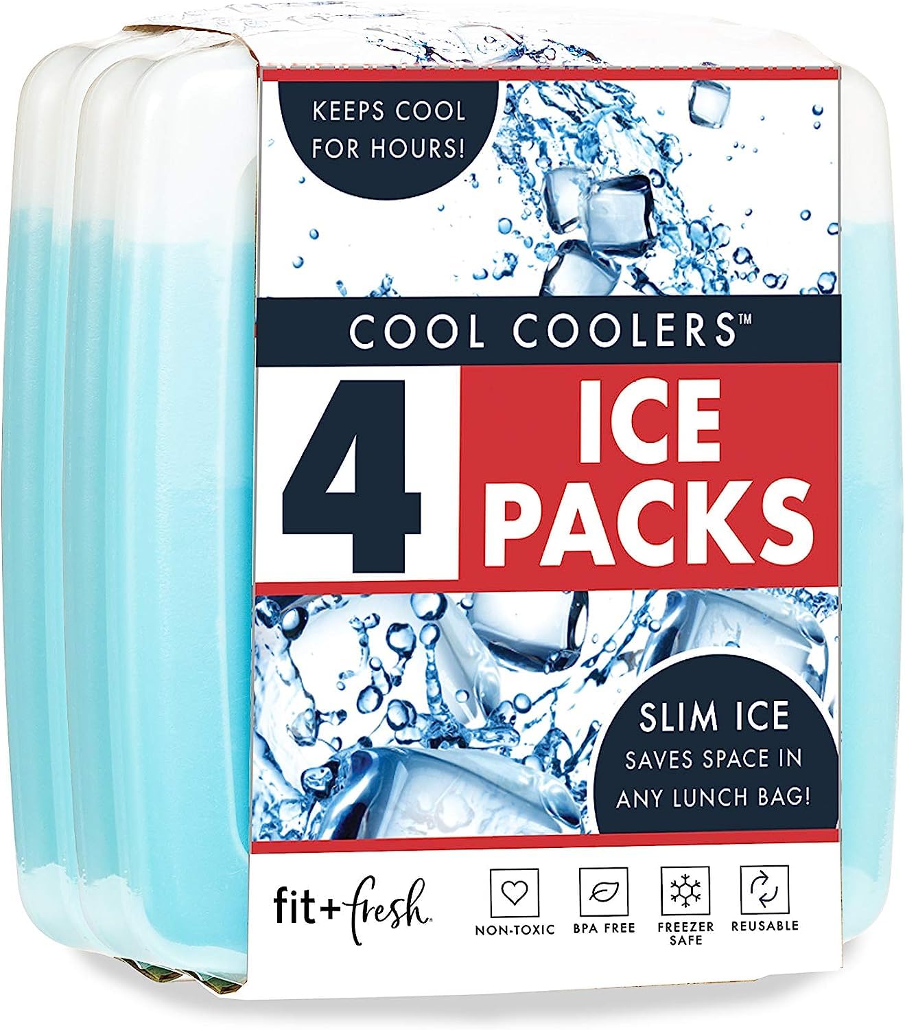 Cool Coolers by Fit & Fresh 4 Pack Slim Ice Packs, Quick Freeze Space Saving Reusable Ice Packs for Lunch Boxes or Coolers, Multi Colored