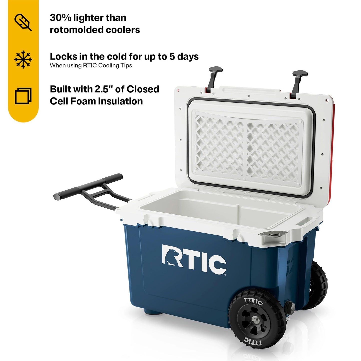 RTIC 52 Quart Ultra-Light Wheeled Hard Cooler Insulated Portable Ice Chest Box for Beach, Drink, Camping, Picnic, Fishing, Boat, Barbecue, 30% Lighter Than Rotomolded Coolers, Patriot