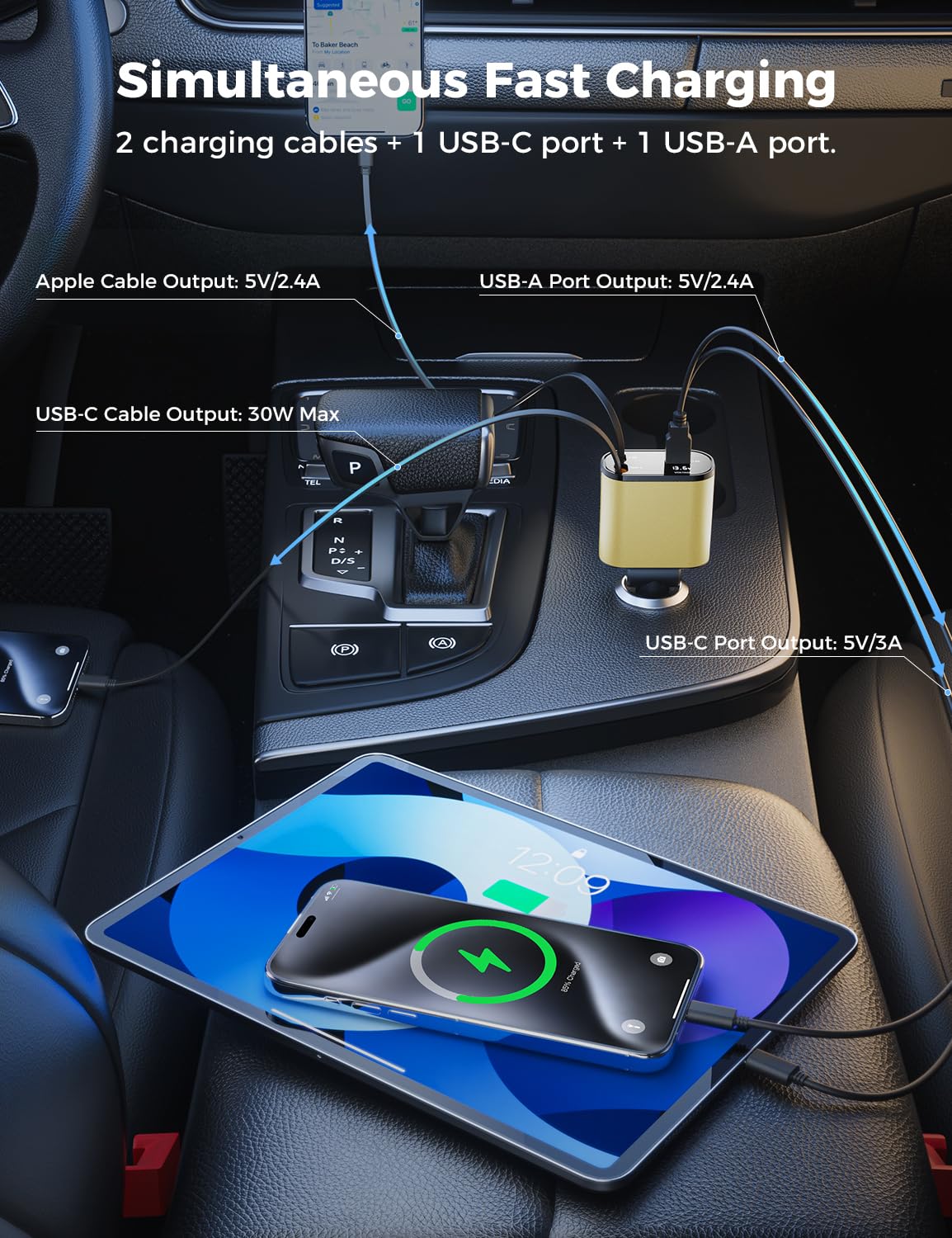 【Upgraded】 SUPERONE Retractable Car Charger 4 in 1, Fast Car Phone Charger with Cord 2.6ft, USB C and Apple Car Adapter, Compatible with iPhone 16 15/15 Pro Max/14/13/12/11, Galaxy, Pixel