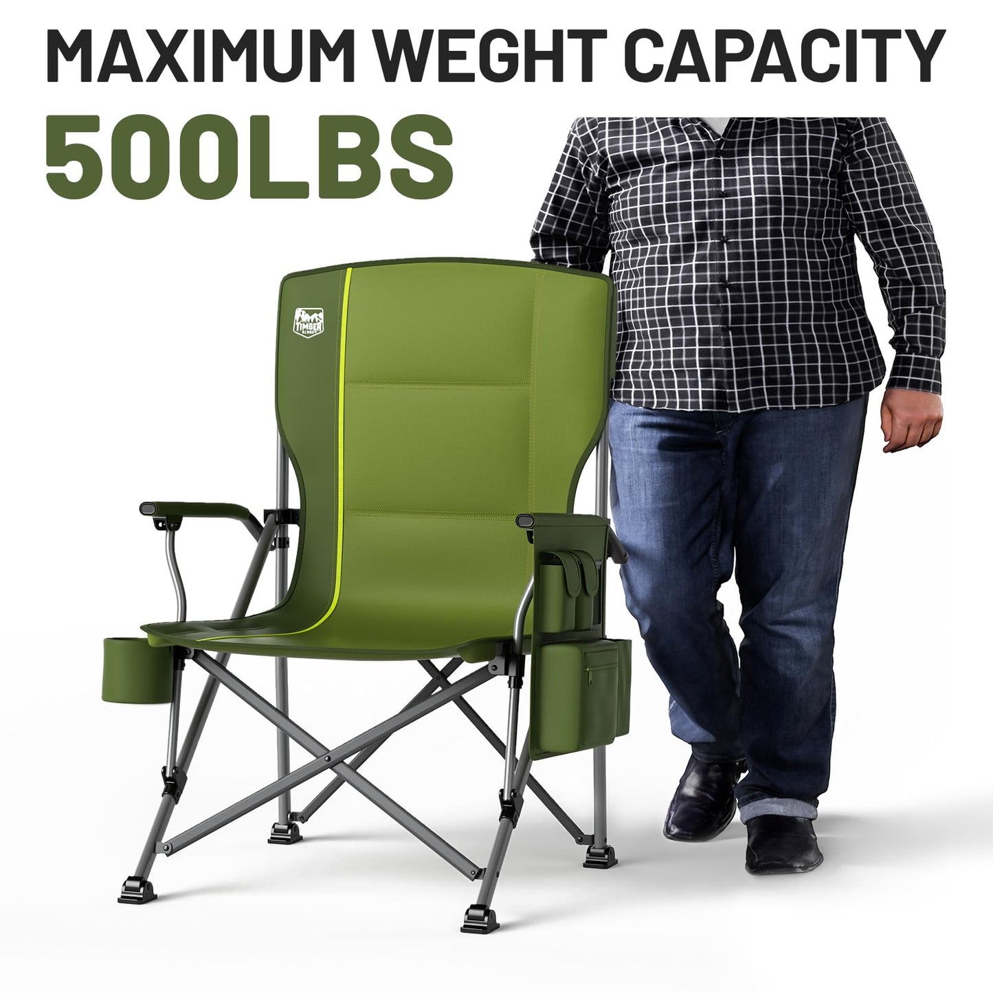 TIMBER RIDGE Oversized Folding Camping Chair High Back Heavy Duty for Adults Support up to 500lbs with Cup Holder, Side Pocket Cooler Bag