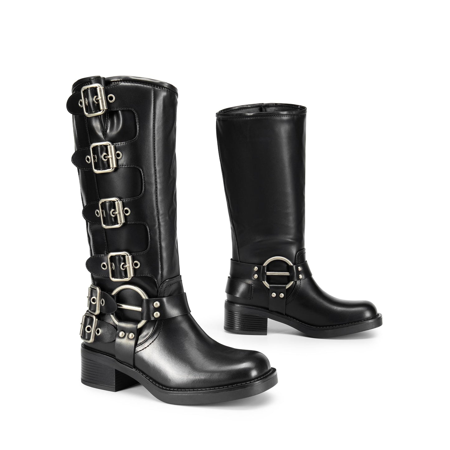 DREAM PAIRS Women's Knee High Riding Boots Slip On Motorcycle Boots Square Toe Chunky Heel Fashion Buckles Biker Boots
