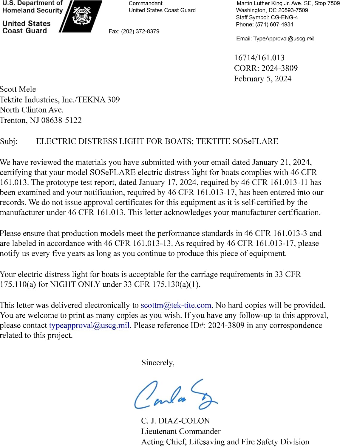 TEKTITE® SOSeFLARE™ 5 NO MORE FLARES! ™ Electronic boat distress flare, USCG approved to replace flares. Night flare ONLY replacement for boats. Made in the USA